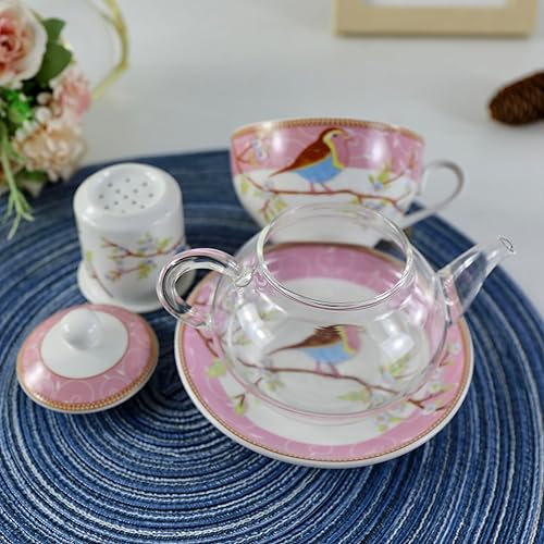 Miniatura 9 de Juego de té para uno, tetera de vidrio con infusor de porcelana y colador y taza y platillo, patrón de pájaro feliz (rosa)