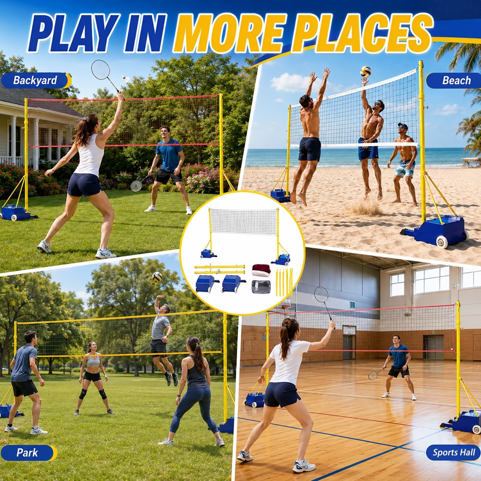 Rete Pallavolo Da Giardino Con Pali Regolabili E Rete Da Badminton, Sistema Portatile 2 In 1 Con Base Mobile A Ruote, Per Adulti E Bambini, Uso Interno Ed Esterno, Allenamento E Tempo Libero