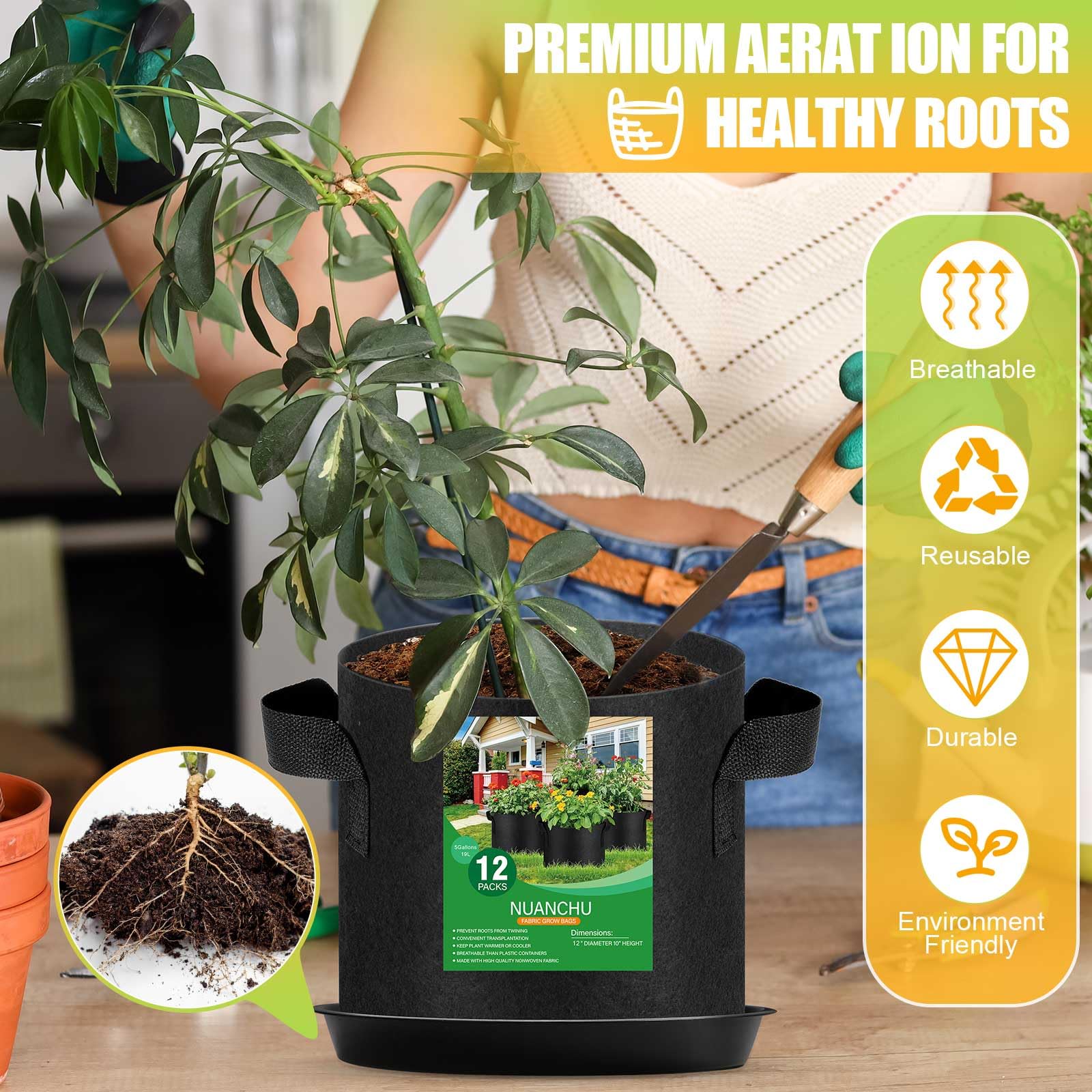 Funnymoom 12 juegos de bolsas de cultivo de 5 galones con platillos para plantas, macetas de tela duradera con asas, bolsas de drenaje de aireación para maceta, bolsas de jardín reutilizables, juego