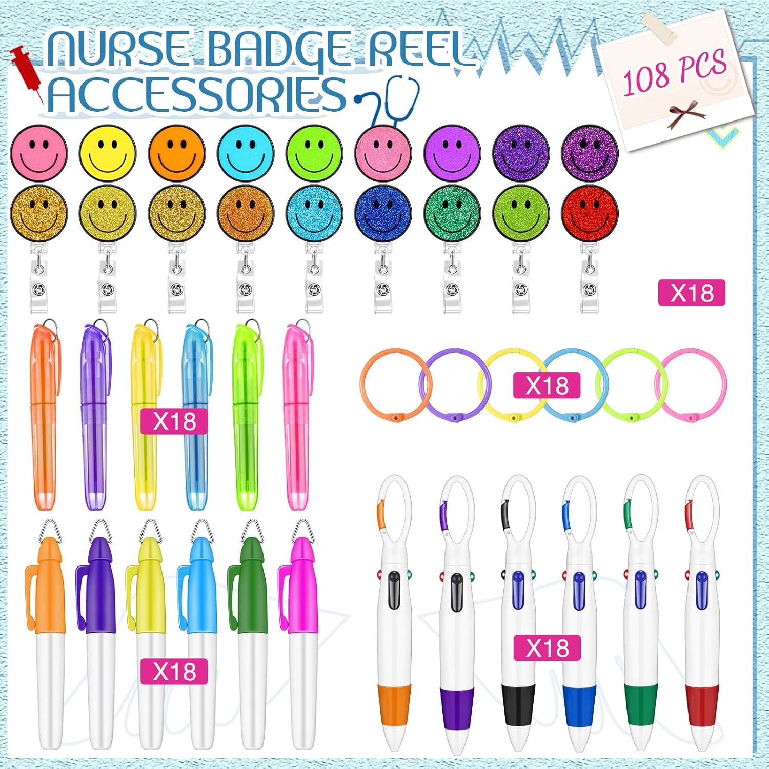 Lincia 90 Pcs Nurse Badge Accessories, Nurse Pen Set Include Retractable Badge Reel Clips, Ballpoint Pens, Markers, Highlighters, Keychains, Medical Staff Appreciation Gifts, 18 Sets(Smile Face)