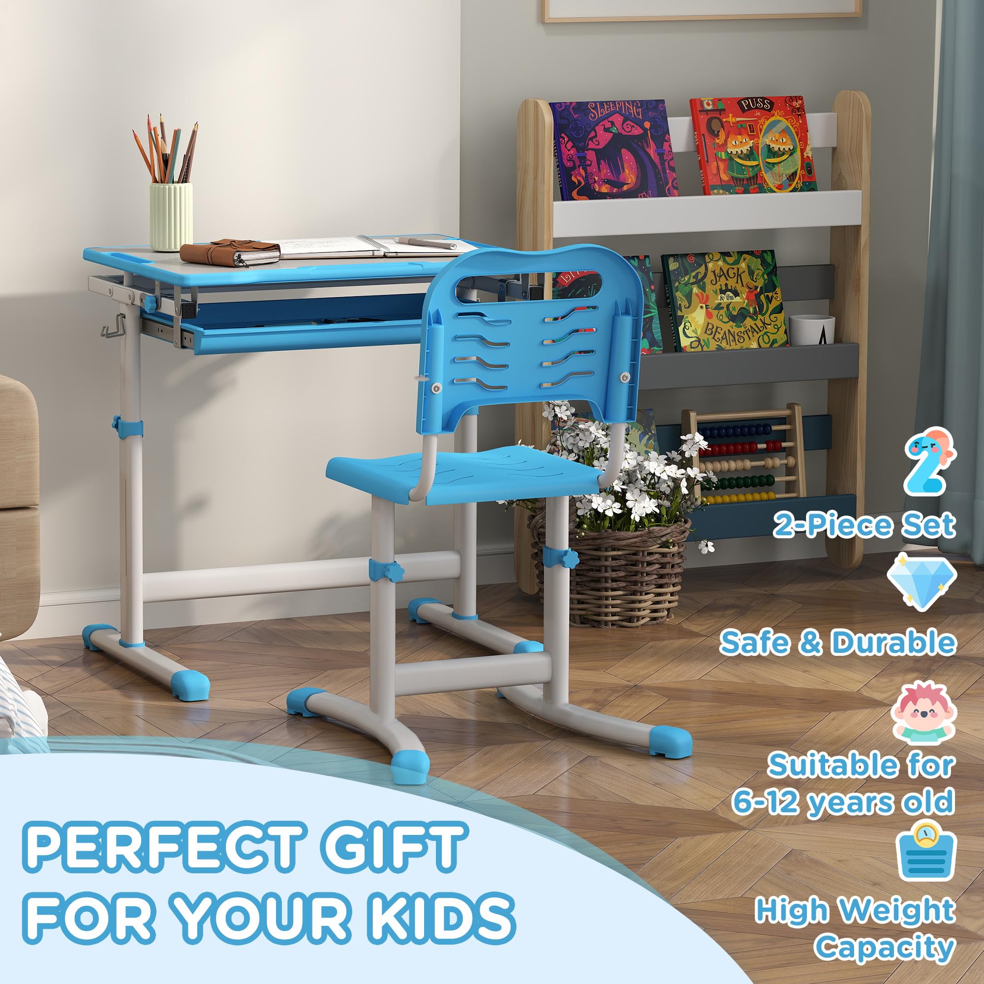 Tilt Desktop Kids Desk Qaba Adjustable Kids Desk & Chair Set With Tilt ...