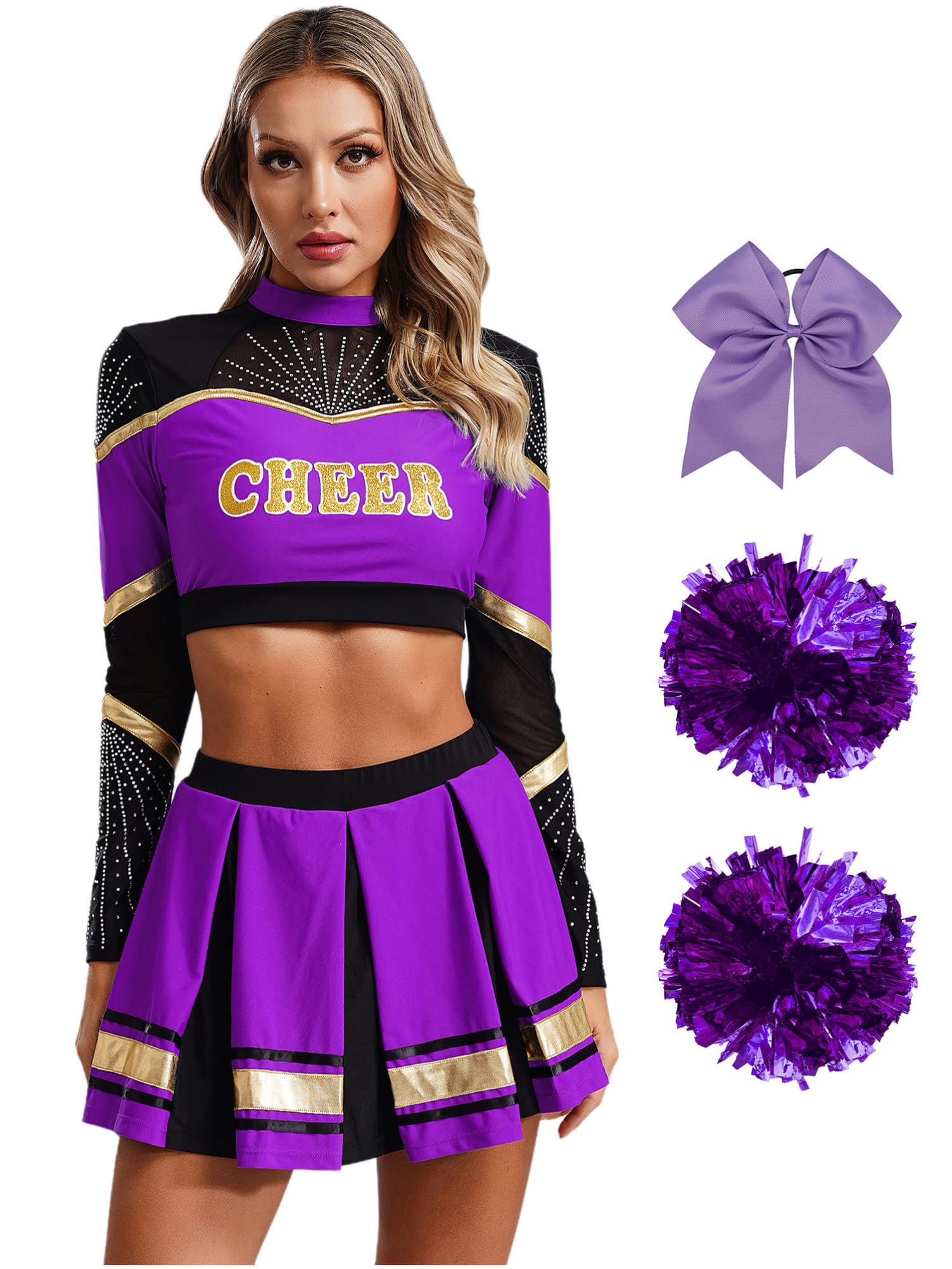 Alvivi 5Pcs Cheer Leader Kostüm Damen Langarm Cheerleading Uniform Crop Tops mit Rock Pompoms Socken Haarband Halloween Karneval Fasching Kostüm