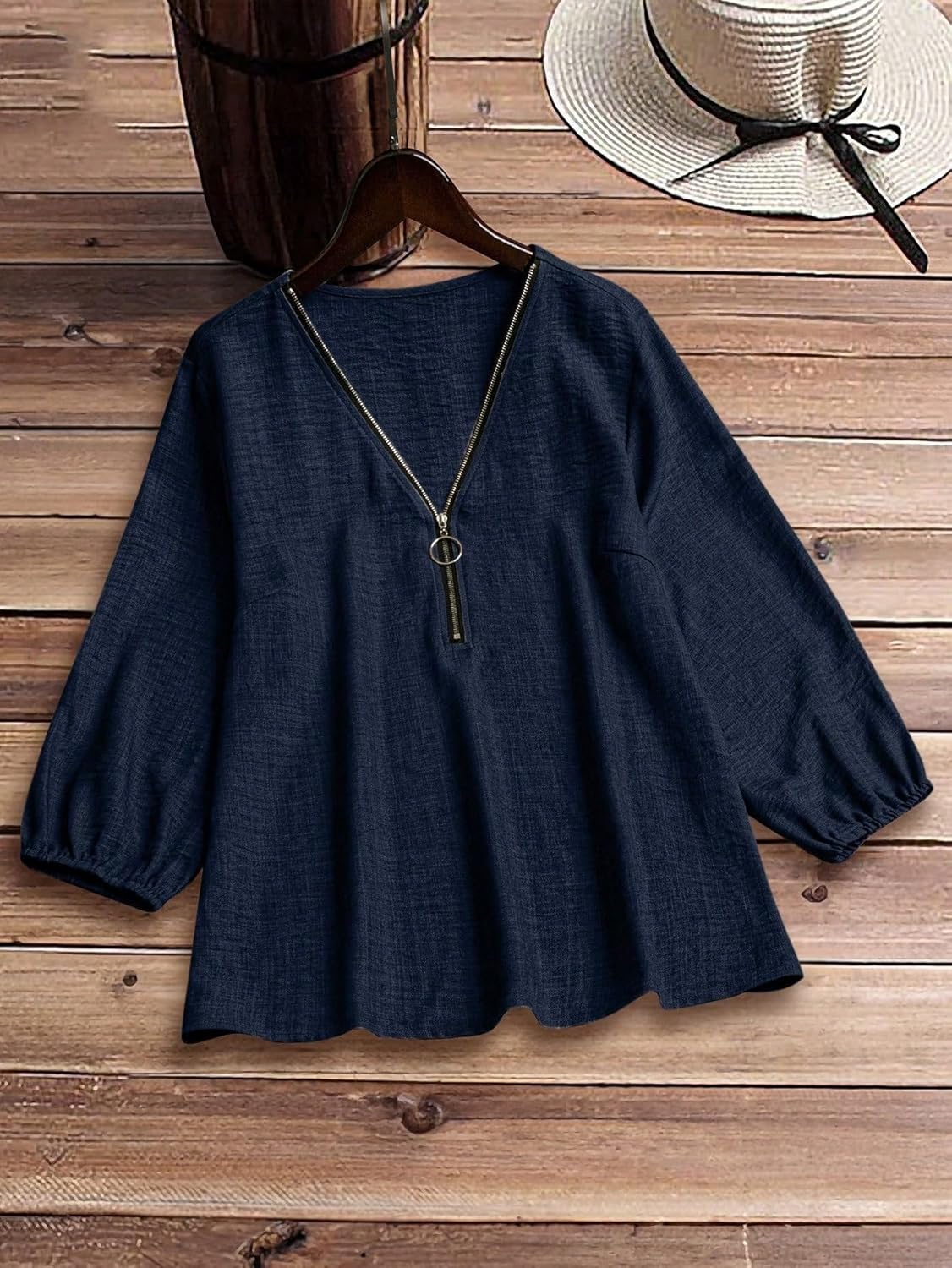 Women's Classic-Fit Shirt Color V-Neck Zip-Up Blouse