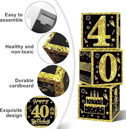 Miniatura 5 de 3pcs 40th Birthday Decorations Boxes for Men Women, Black Gold Happy 40 Birthday Balloons Boxes Party Supplies, 40 Year Old Bday Theme Cardboard Box