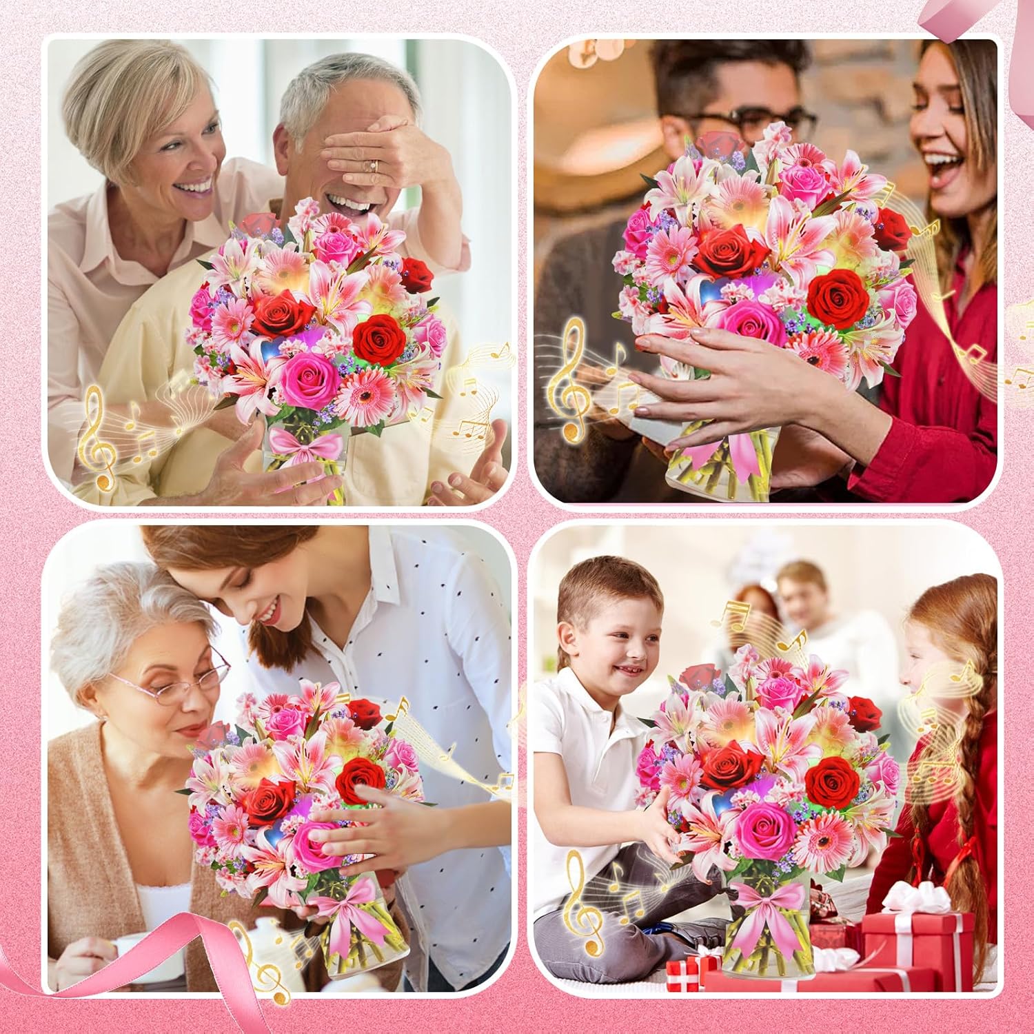XTF2015 Flower Bouquet Birthday Cards with MUSIC & LIGHTS, Happy Birthday Cards, Lily Daisy Carnations, Anniversary Card, Paper 3D Pop Up Bouquet Greeting Card Gift for Mom Wife Women - Image 7