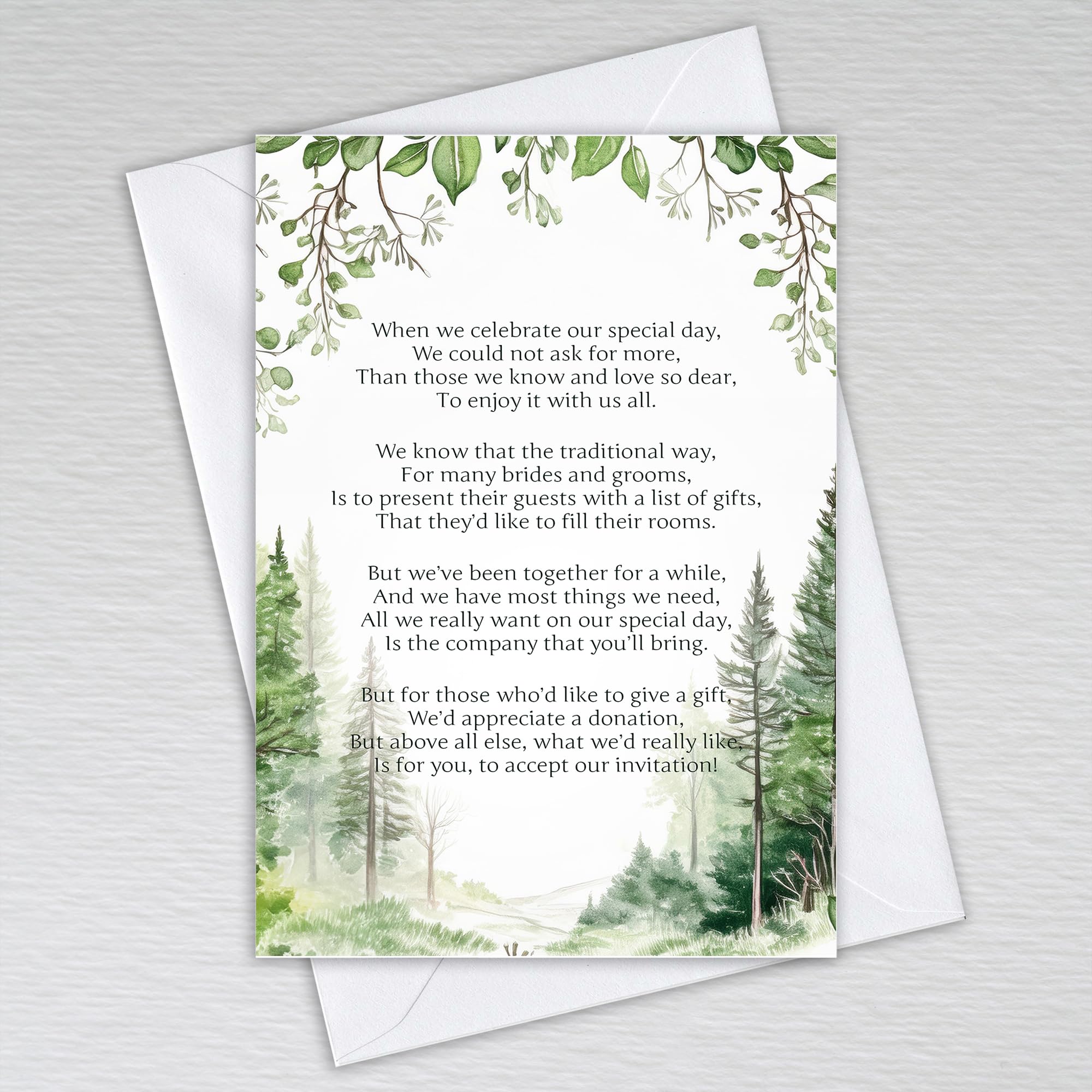 Woodland Wedding Money Poem/Money Gift Request Poem Cards for Weddings/Tree Themed: Green Forest Wedding Money Poem (Pack of 50 with Envelopes)