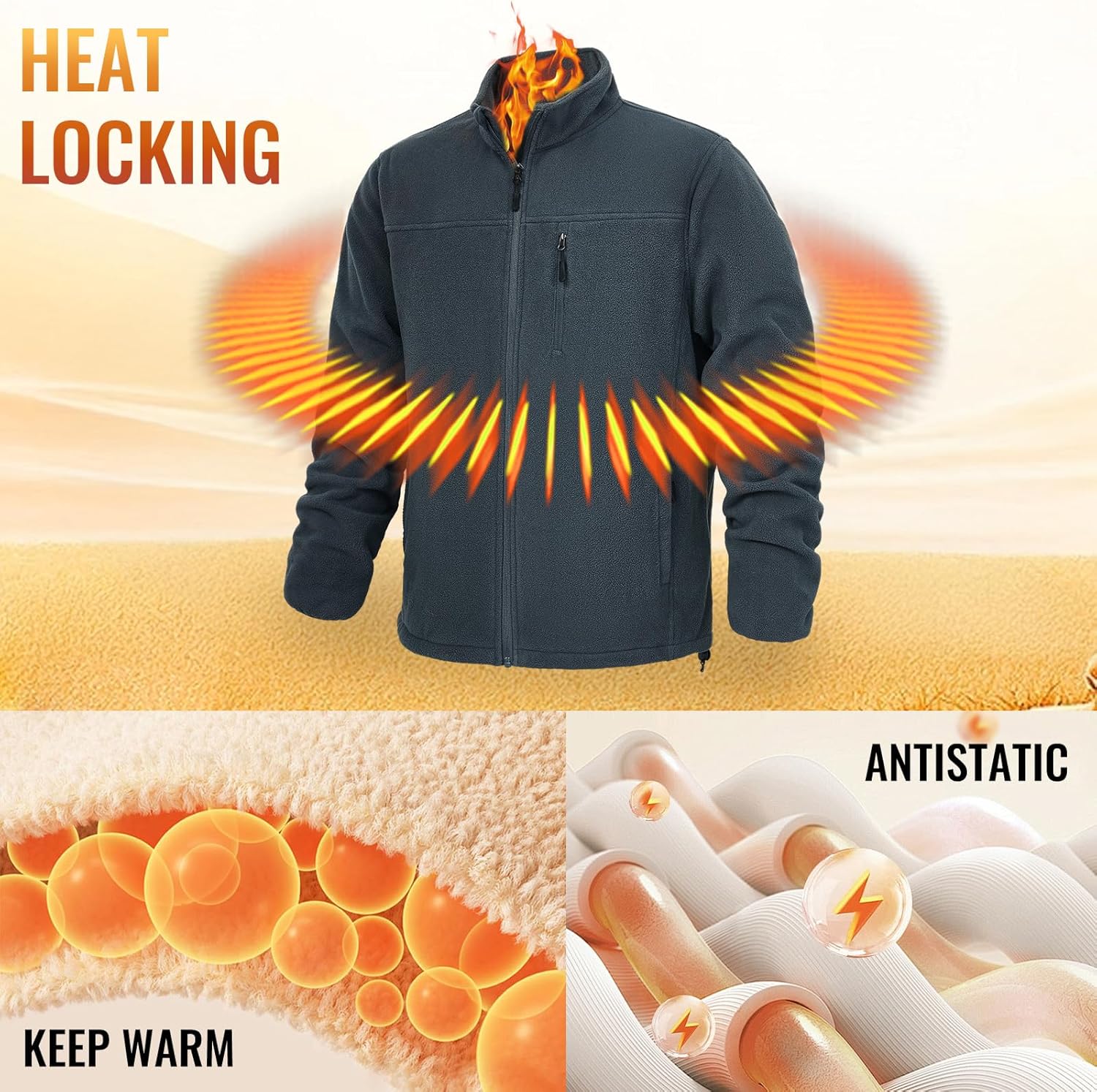 Men's Fleece Jacket Full Zip Lightweight Outerwear Jackets Multi-Pockets Soft Warm Winter Coats for Hiking Travel - Image 3