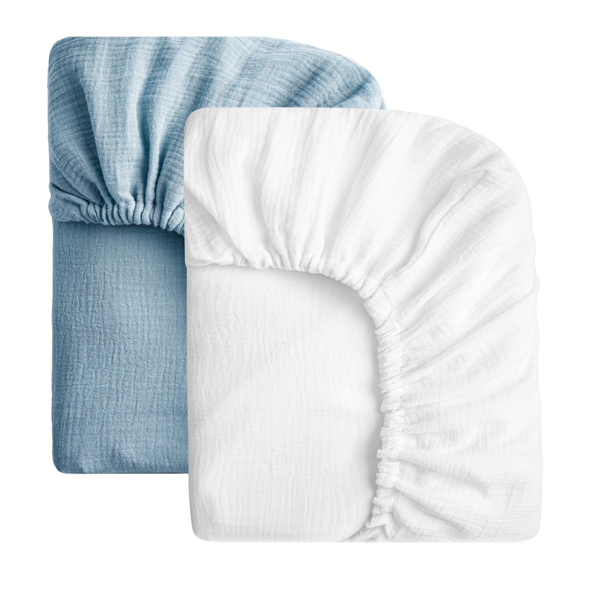 SOULFUL Mini Muslin Crib Sheets for Boys Girls, 2 Pack Soft and Breathable Cotton Fitted Crib Sheets for Standard Crib Mattress (24"x 38", White &amp; Blue)