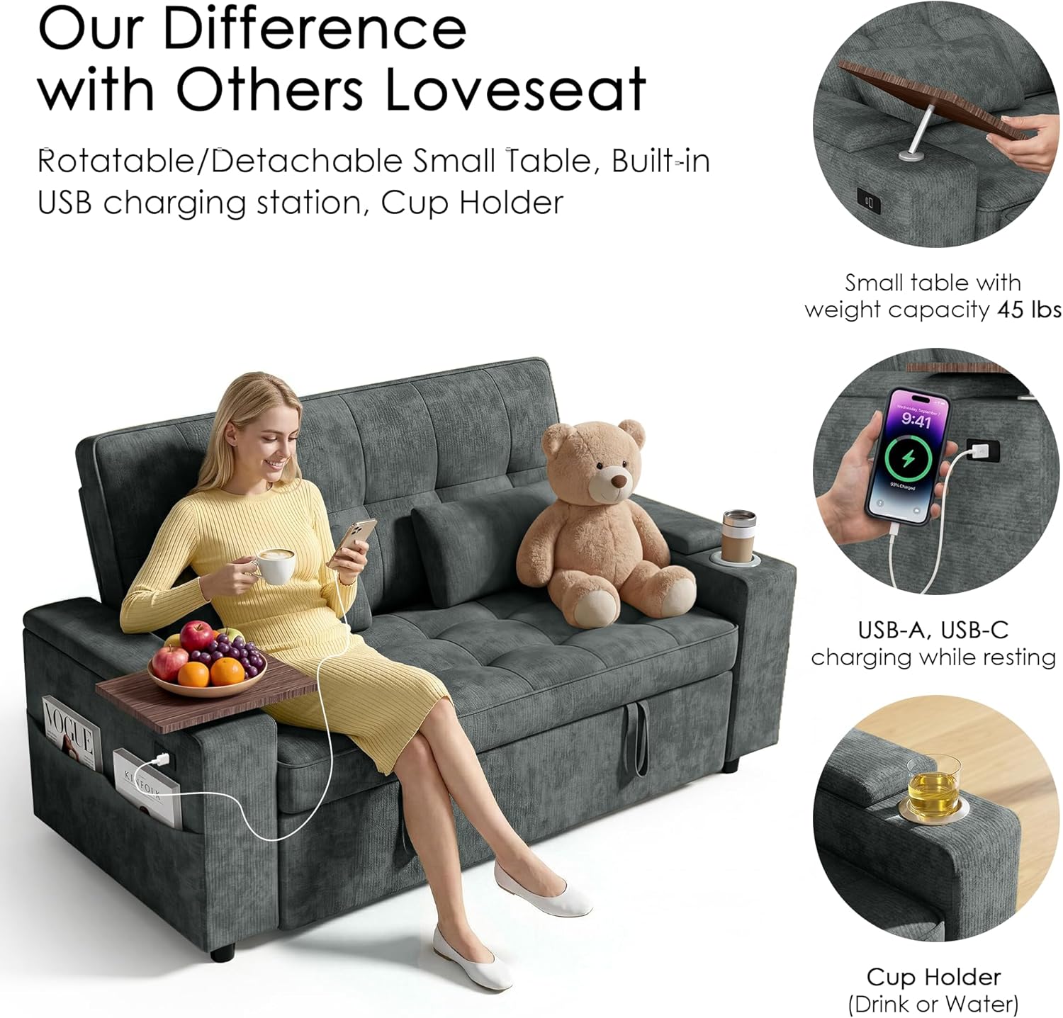 65in Sleeper Sofa Bed, 3 in 1 Pull Out Couch with Chenille Fabric Convertible Loveseat for LivingRoom and Apartment (Darkgrey) | Easy Assembly, Adjustable Backrest, Side Table, Built-in Charging, Cup Holder, Hidden Storage