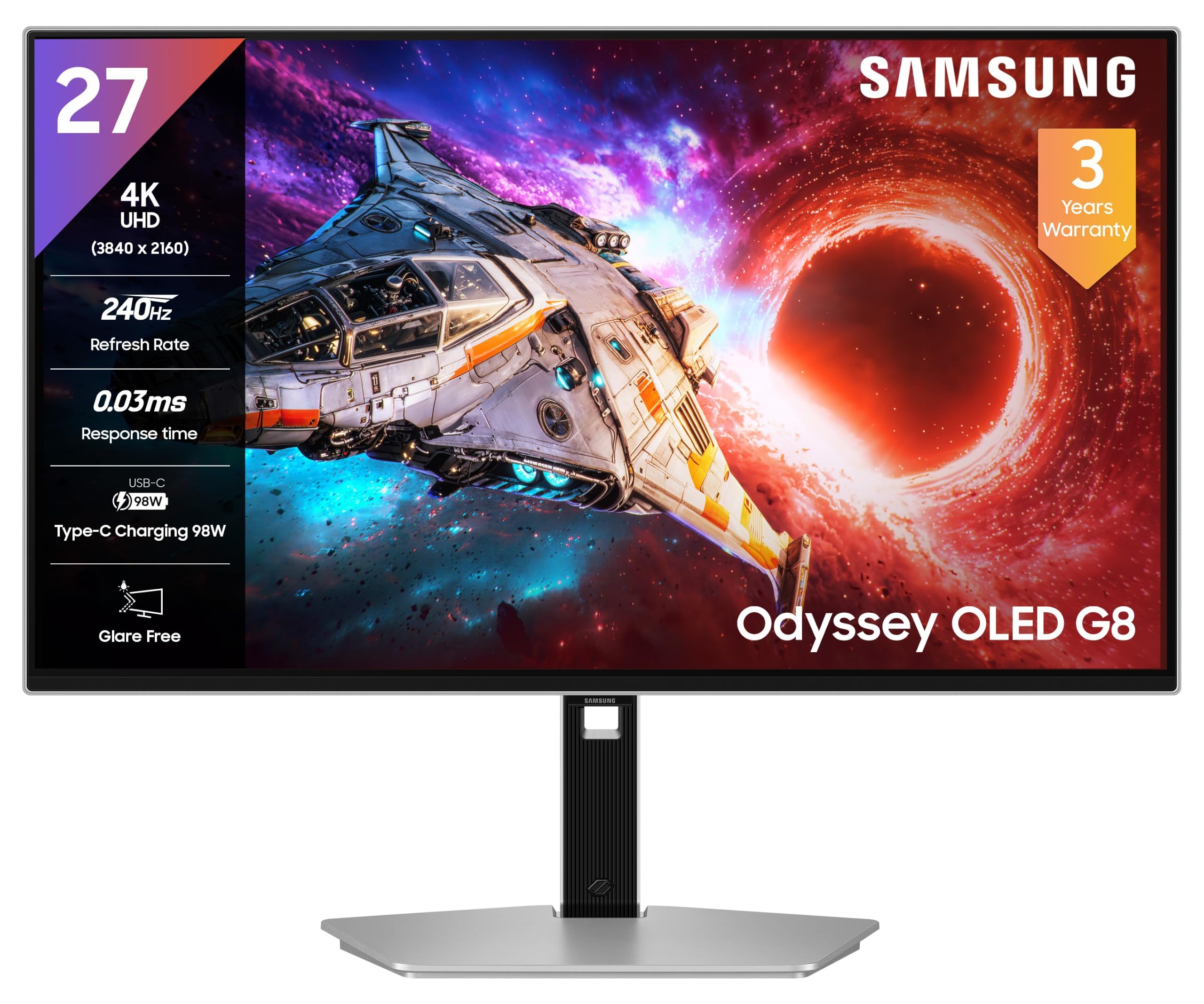 samsung odyssey oled g8 gaming monitor (27") 4k uhd, 240 hz, 0.03ms(gtg), g-sync, freesync premium pro, dp, hdmi, usb ports, height, tilt, swivel, pivot adjust stand, (ls27hg800swxxl, silver)