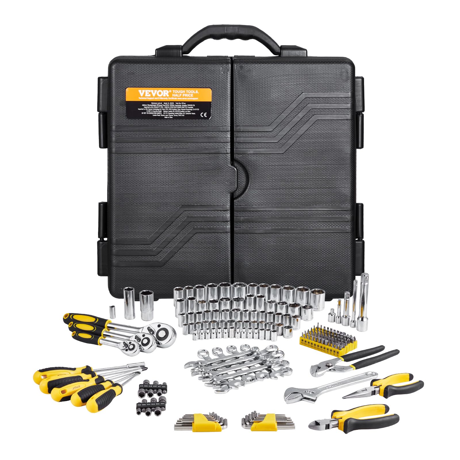 VEVOR Zestaw narzędzi mechanicznych 207 sztuk 1/10.2 cm 3/20.3 cm 1/5.1 cm - SAE i metryczny zestaw narzędzi mechanicznych z bitami - klucze, uchwyt grzechotkowy, akcesoria i plastikowa walizka do
