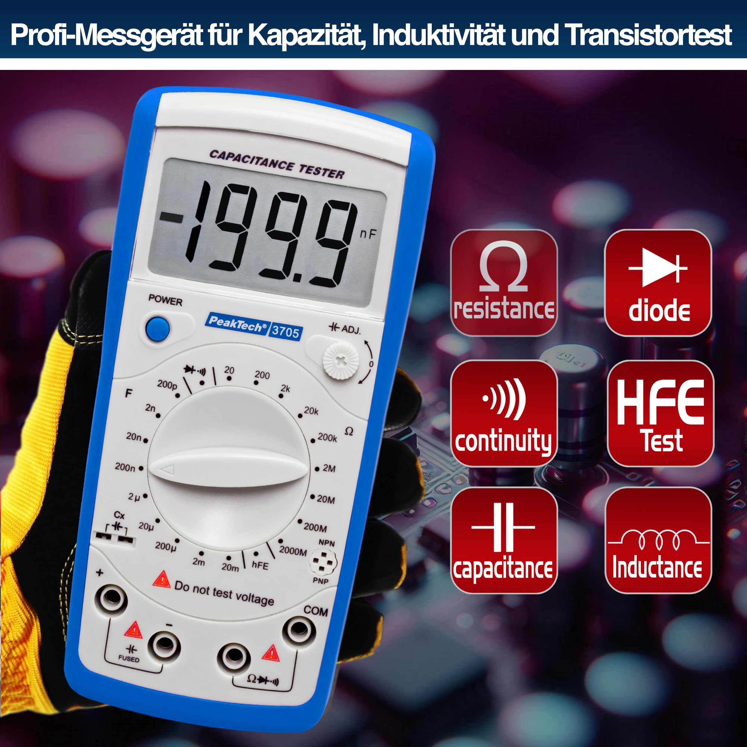 PeakTech P 3705 Digital Medidor de Capacitancia 20MF Resistencia 2000 Mohm Probador Continuidad Diodos Transistor Hfe