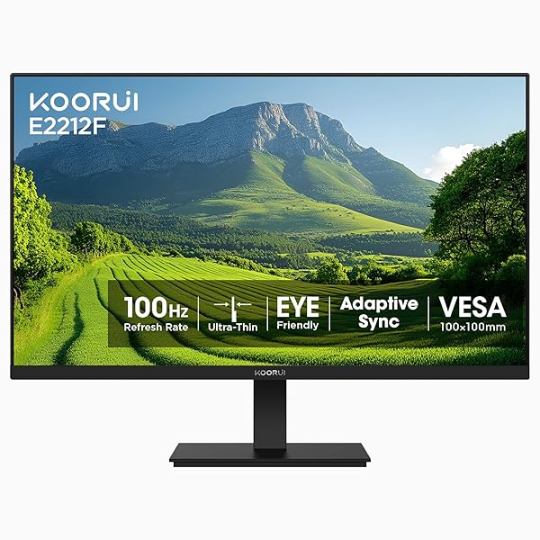 KOORUI 22 Inch Computer Monitor Full HD 1080P 100Hz PC Gaming Screen VA Panel Ultra-Slim Display 3000:1 Contrast Ratio with Adpitive Sync (HDMI/VGA/VESA Compatible 100x100mm/Audio Out), Tilt, Black