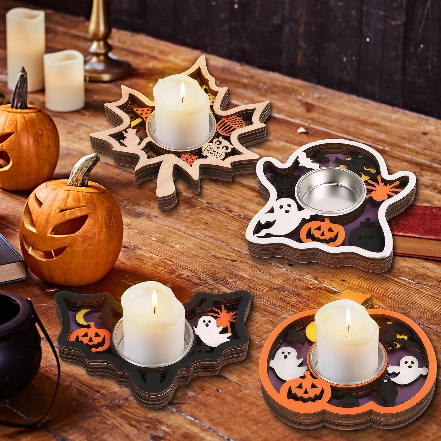 Halloween Tea Light Candle Holders 1PCS Wooden Leaf Tealight Holders with Metal Cups for Halloween Party, Table Centerpiece & Home Décor (Light-Yellow Leaf) image 4