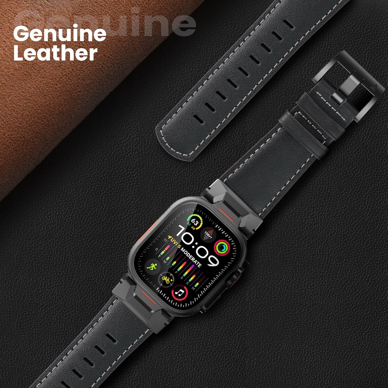 Genuine Leather Band Compatible with Apple Watch Ultra 3 Band 49mm 46mm 45mm 44mm 42mm for Men, Rugged Strap with Stainless Steel Connectors for iWatch Ultra 2 Series 11 10 9 8 7 6 5 4 SE 3