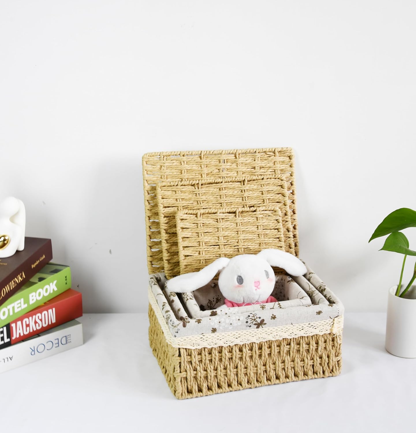 Decorative Paper Rope Storage Baskets with Lids [Set of 3] Hand-Woven Wicker Bins with Cotton Linen Floral Liner, Rectangular Lidded Organizers for Bathroom, Closet & Shelves, Warm Beige