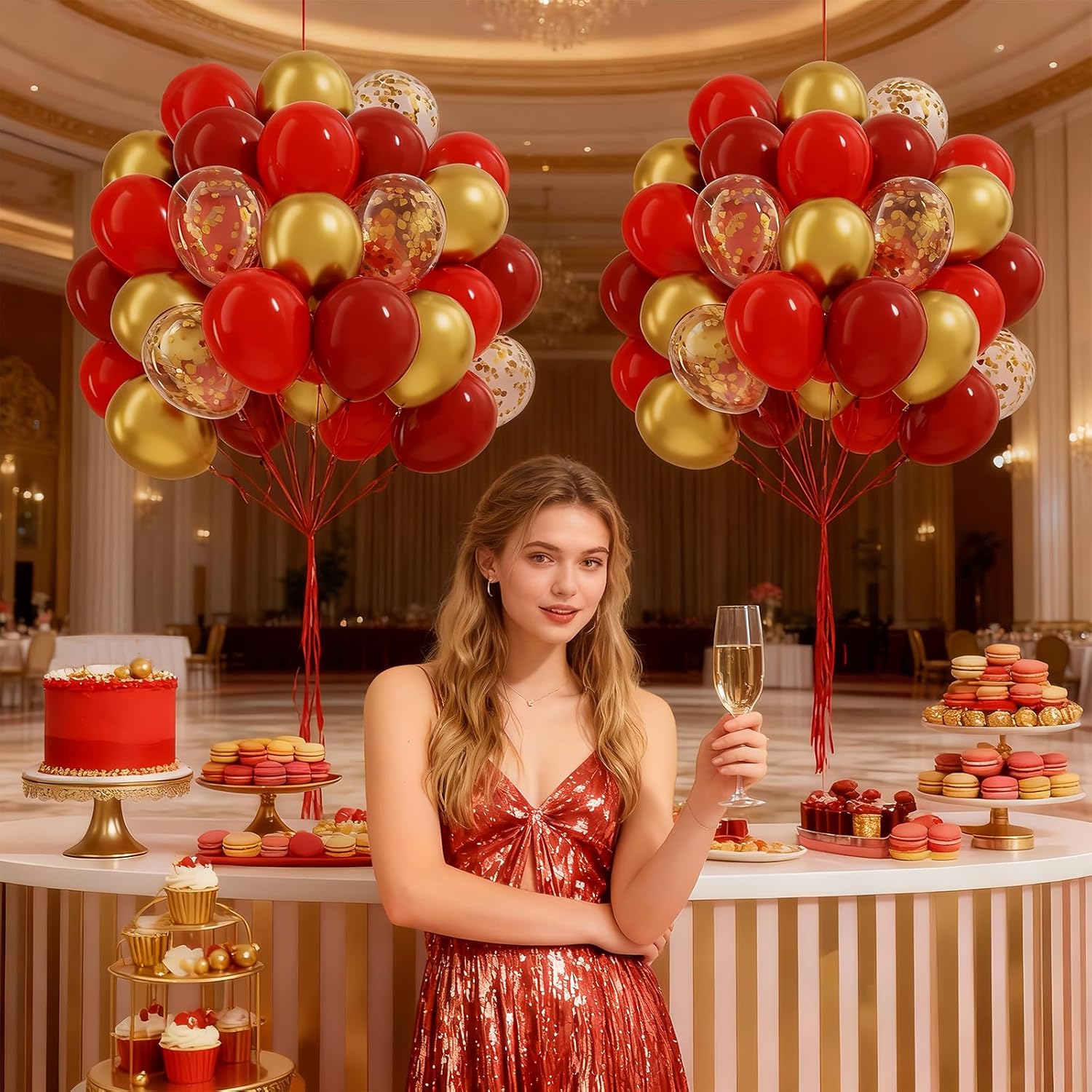60pcs Red and Gold Balloons 12inch, Dark Red Metallic Gold Confetti Christmas Balloons for Birthday Christmas Party Decorations for Women - Image 5