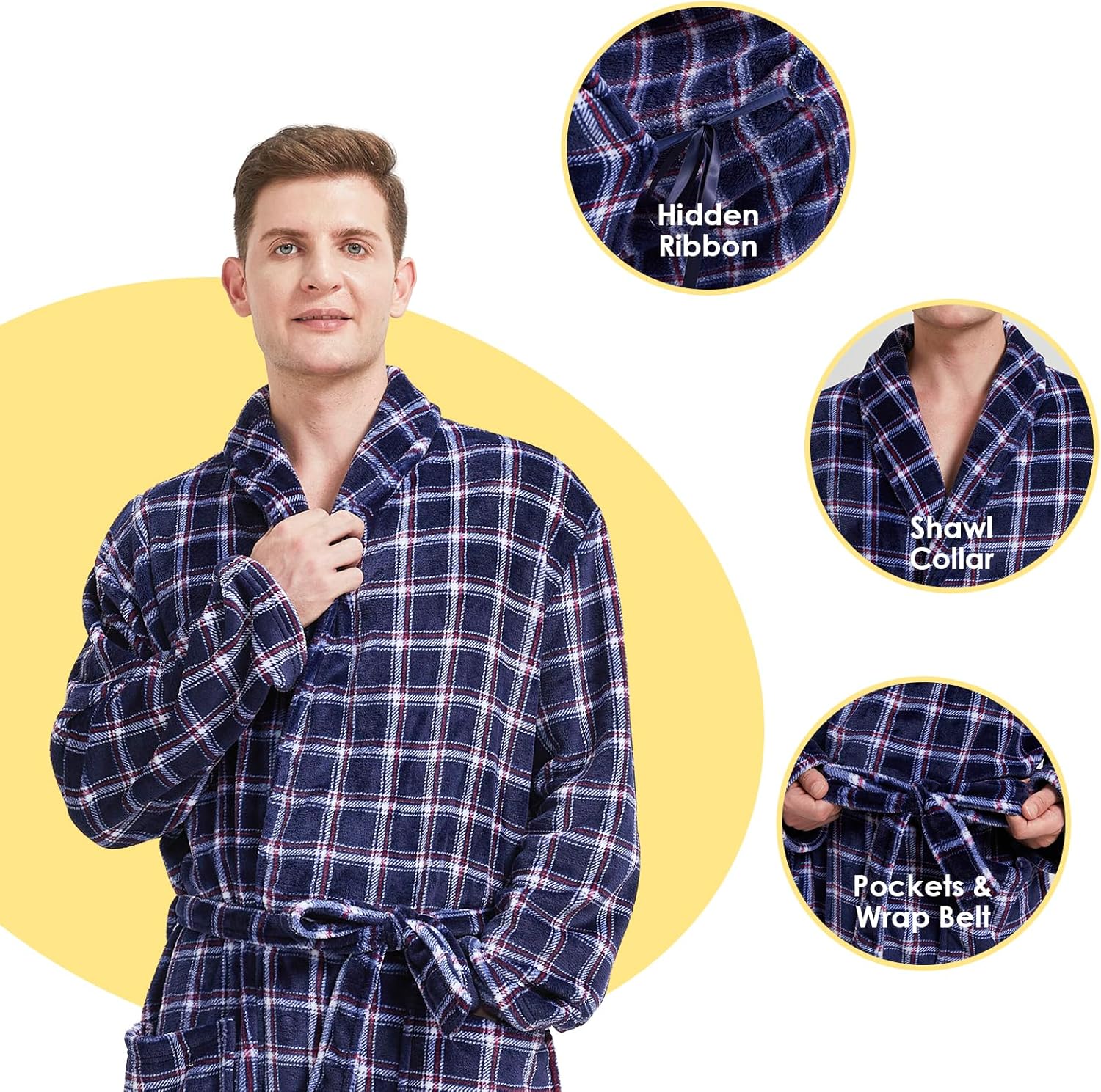Men's Fleece Plush Bathrobe Full Length Big and Tall Shawl Collar Plaid Men Robe - Image 4