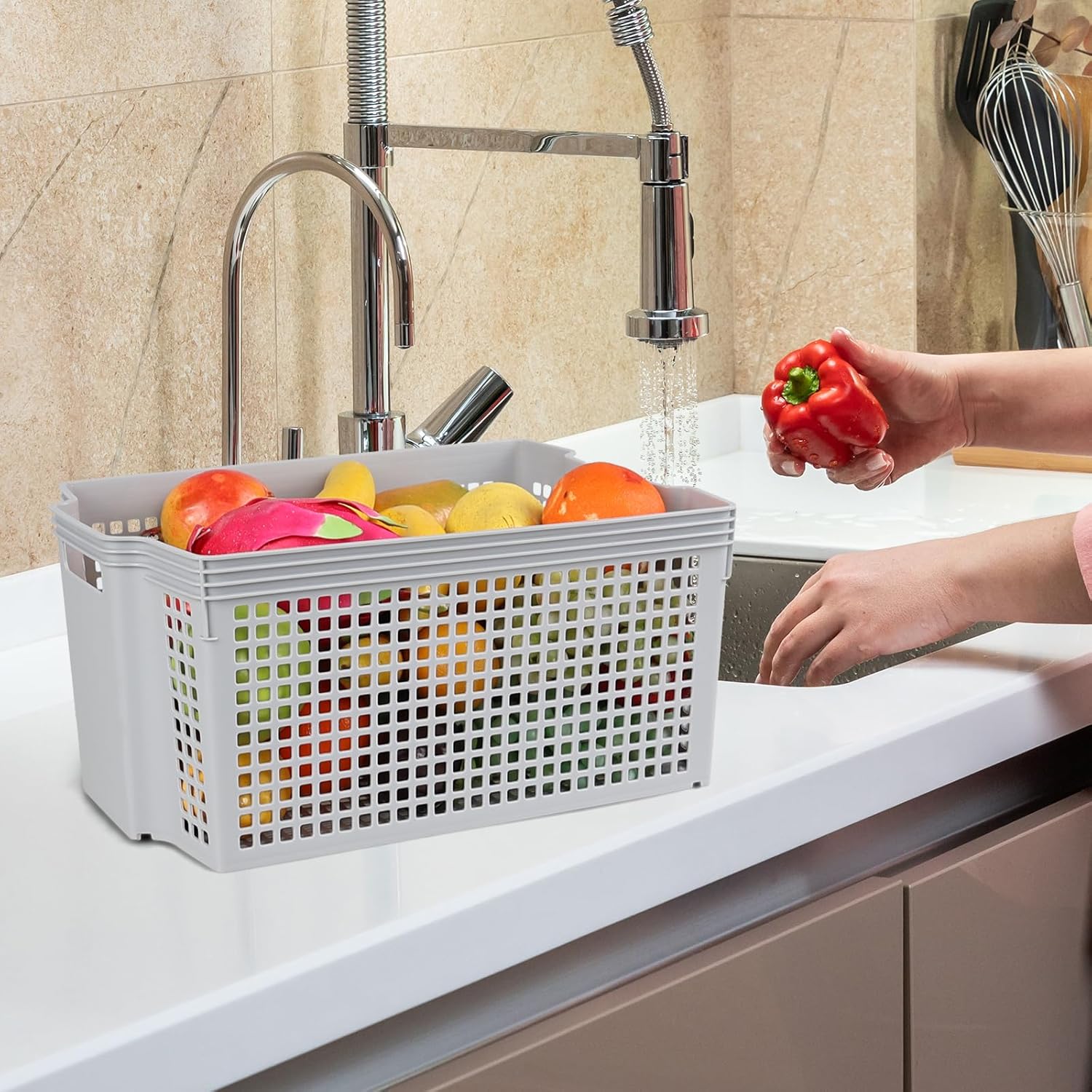 6 Packs Large Plastic Storage Stacking Baskets, Large Stackable Cupboard Baskets, Grey