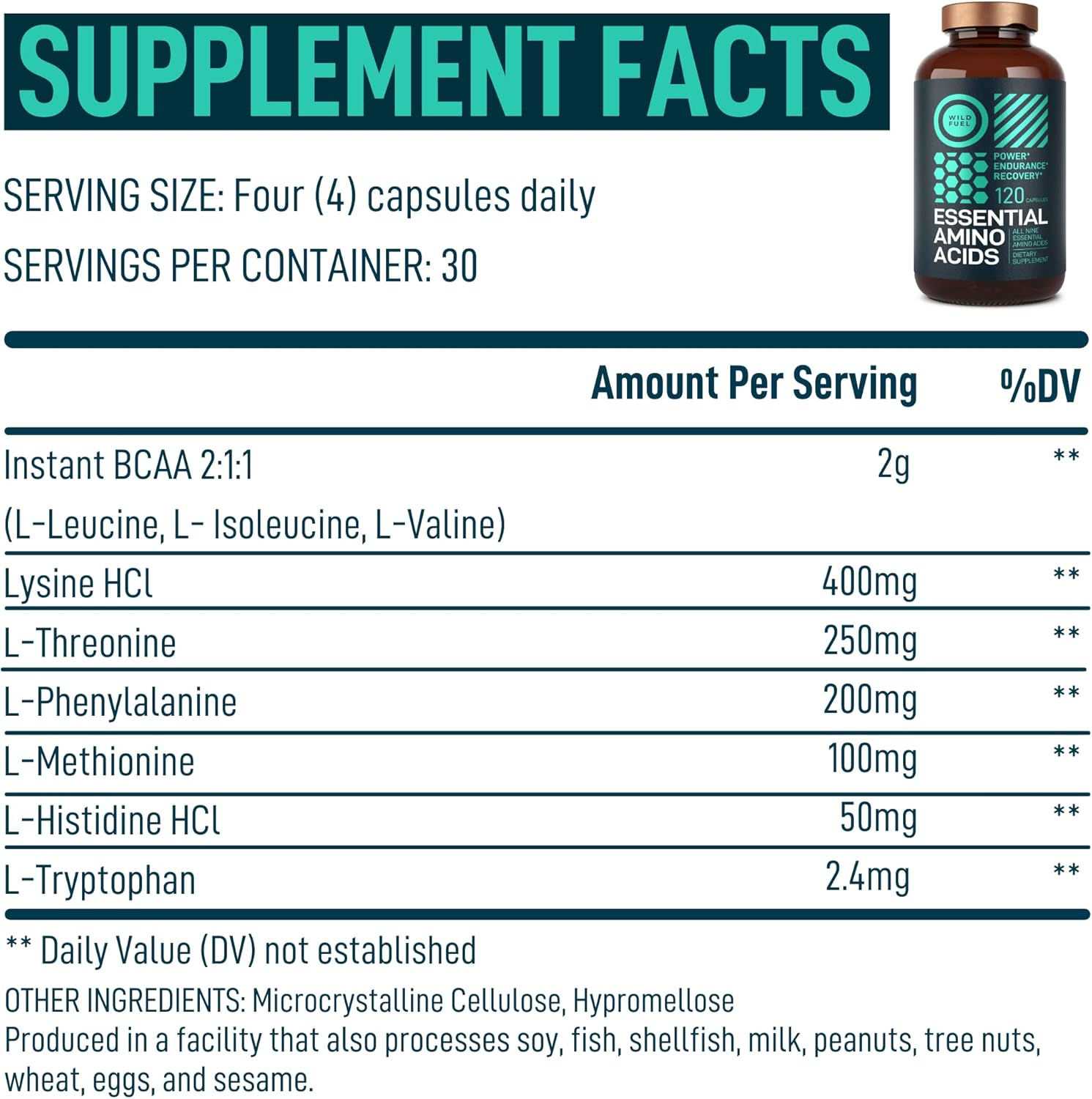 WILD FUEL Essential Amino Acid Complex - Lysine, Isoleucine, Valine, Leucine - All 9 Branch Chain Amino Acids Supplement for Power and Recovery for Women And Men - 60-days Supply, 240 Vegan BCAA Pills
