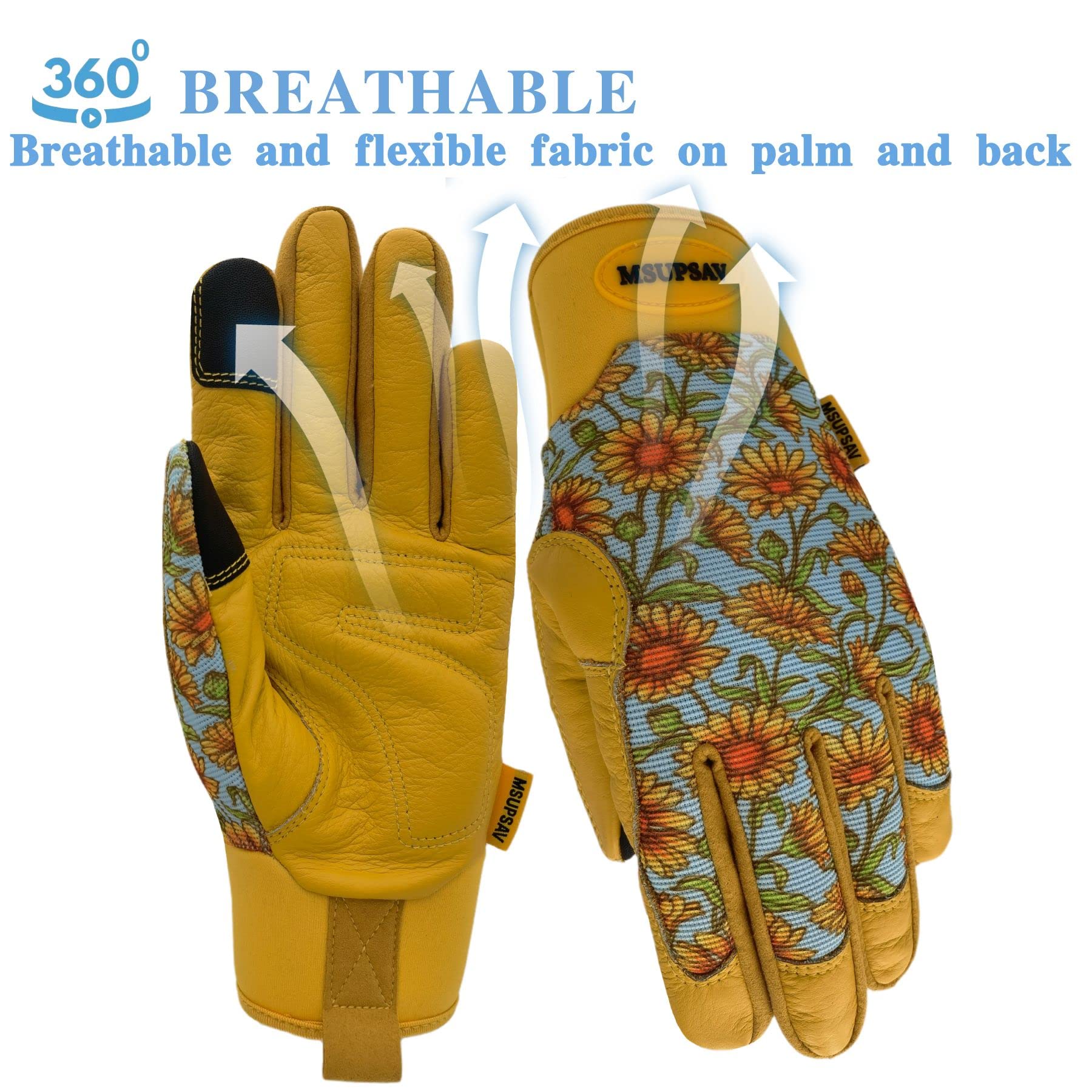 Guantes de jardinería de cuero de vaca con agarre, guantes de jardín para mujeres, guantes de conducción para hombres y mujeres (margarita azul cielo, grande)