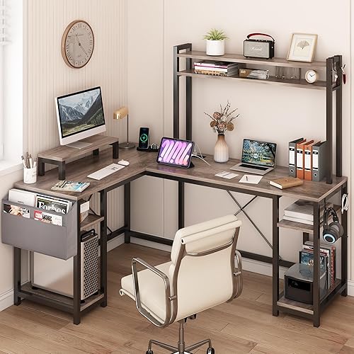 Miniatura 4 de Escritorio para juegos en forma de L con gabinete, escritorio de oficina en casa de 95.3 pulgadas con toma de corriente y luces LED, escritorio