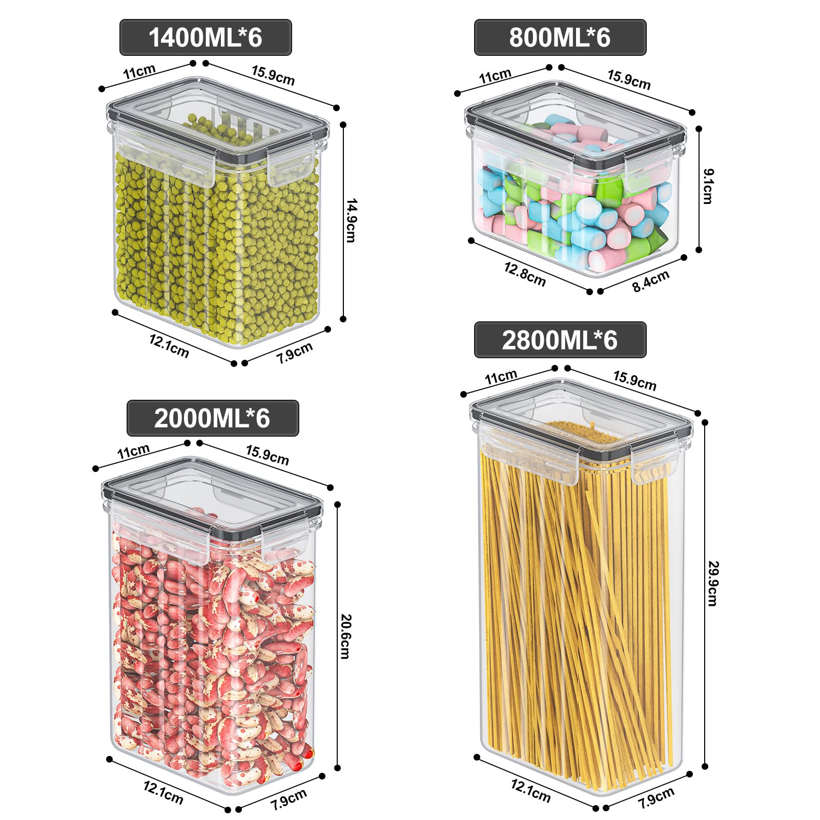 Storivo Food Dispensers zestaw 24 pojemników na zapasy – hermetyczne pudełko do przechowywania z pokrywką, organizer kuchenny na mąkę, cukier, musli i wiele innych, w zestawie etykiety i markery, do