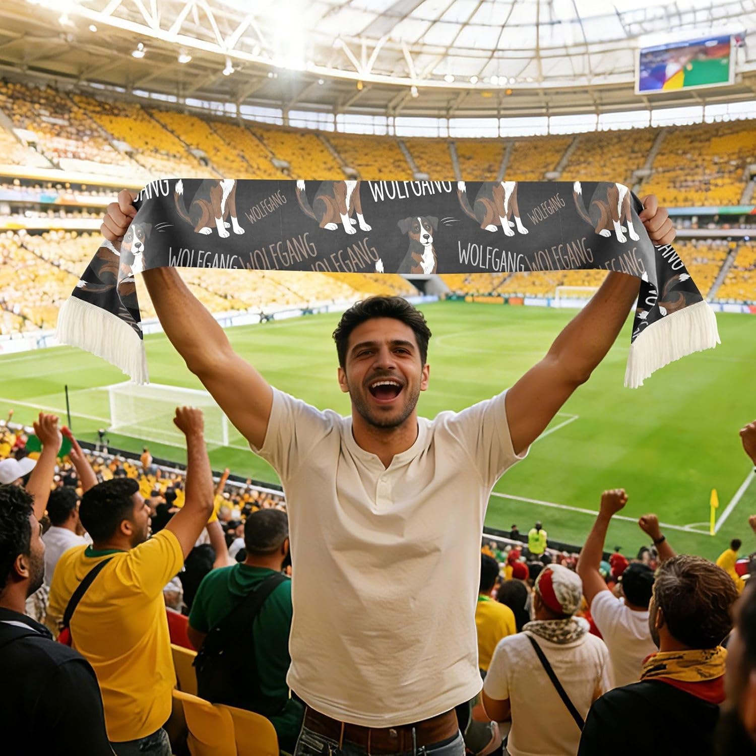 CHIFIGNO Brown Black Dog Sports Fan Scarf for Soccer Games, Soft Polyester Sweat Towel Wrap with Fringe Ends, Cheering Banner Scarf