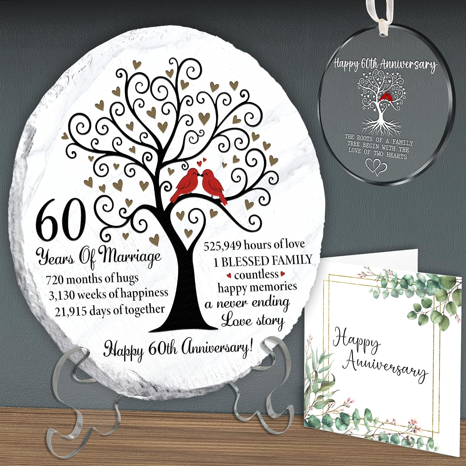 60th Anniversary Wedding Gifts - 60 Years Anniversary Slate Stone 8" with Stand, Ornament, Card - 60th Diamond Wedding Gift Set for Parents, Couple, Husband, 60 Years of Marriage Natural Stone TT-A60