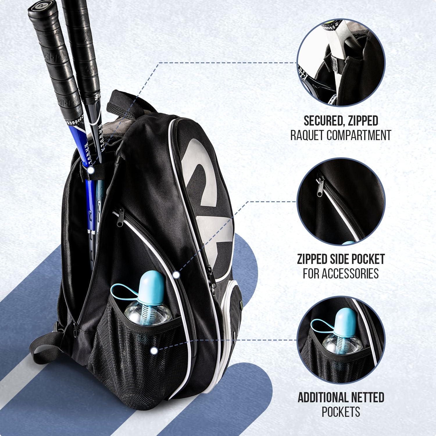 Raquex Sportrucksack für Tennisschläger oder 2 Squashschläger Badmintonschläger Schlägerrucksack + Schuhe + Laptop + Trinkflasche
