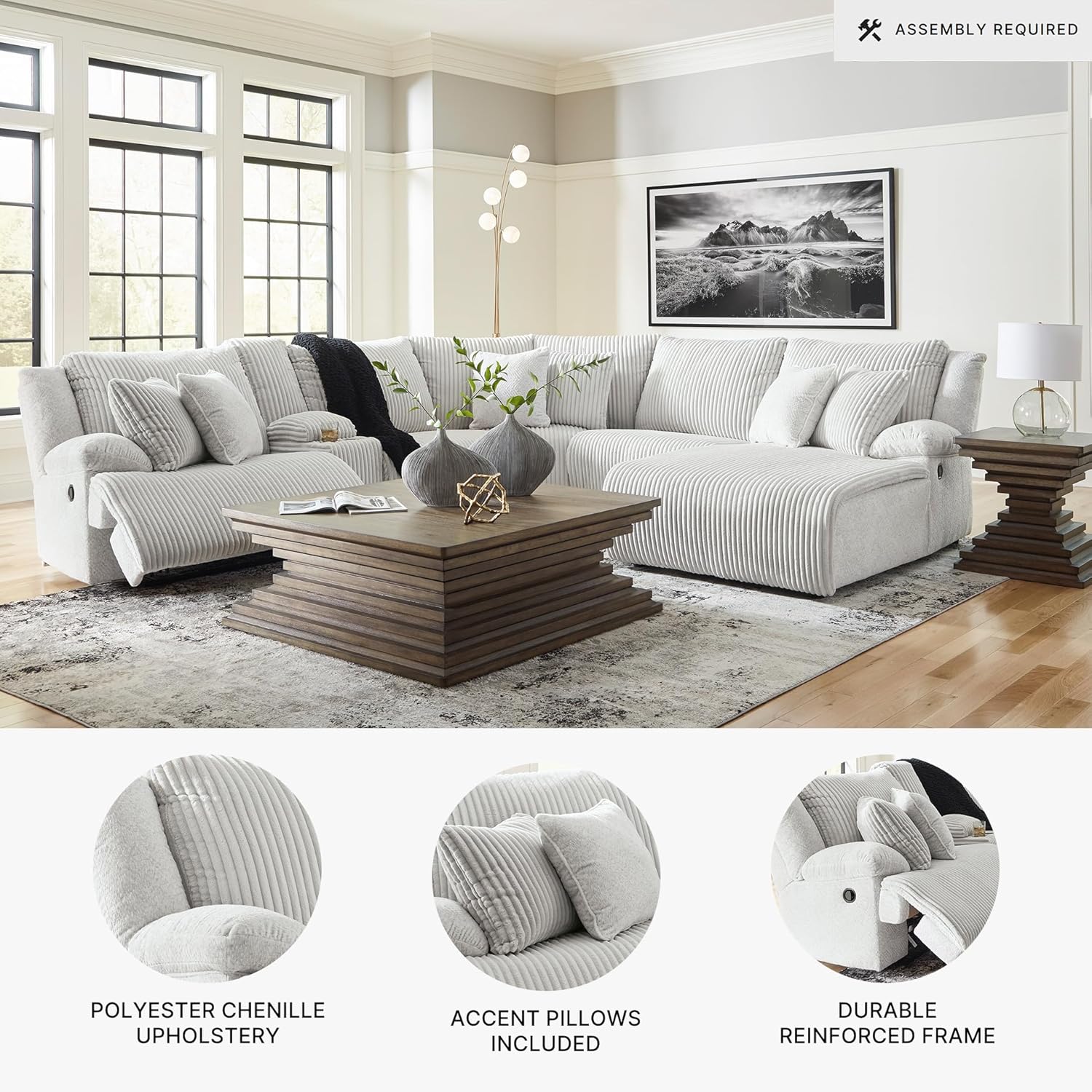 Signature Design by Ashley Top Tier Modern Left-Arm Facing 6-Piece Reclining Sectional with Chaise, Armrest, Throw Pillows and Storage, Light Gray