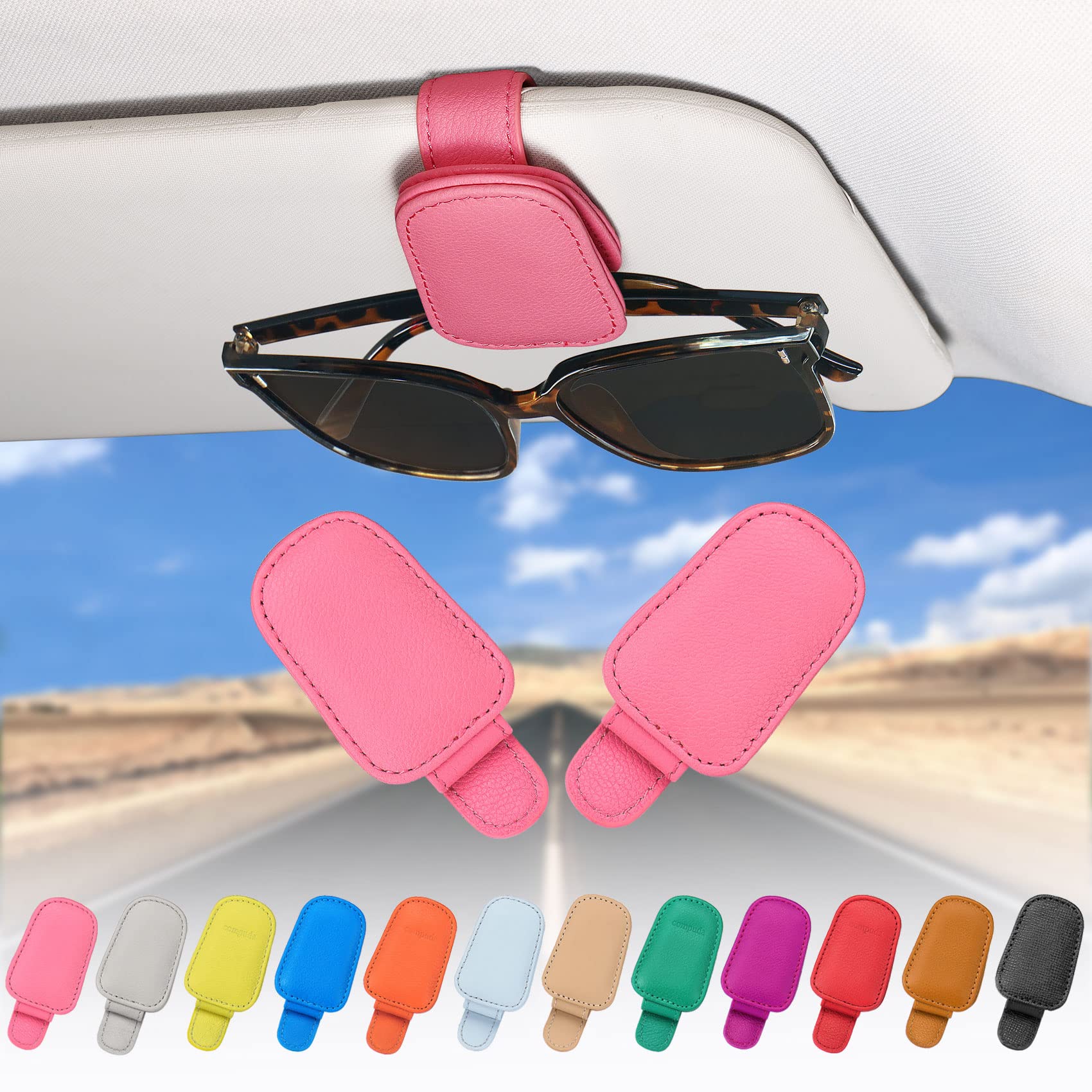 quipuda 2 Pack Brillenhalter für Auto Sonnenblende,Echt Leder Auto Visier Zubehör Sonnenbrillen Halterung Magnetische Sonnenbrillenhalter Ticket Clip（Rosa）