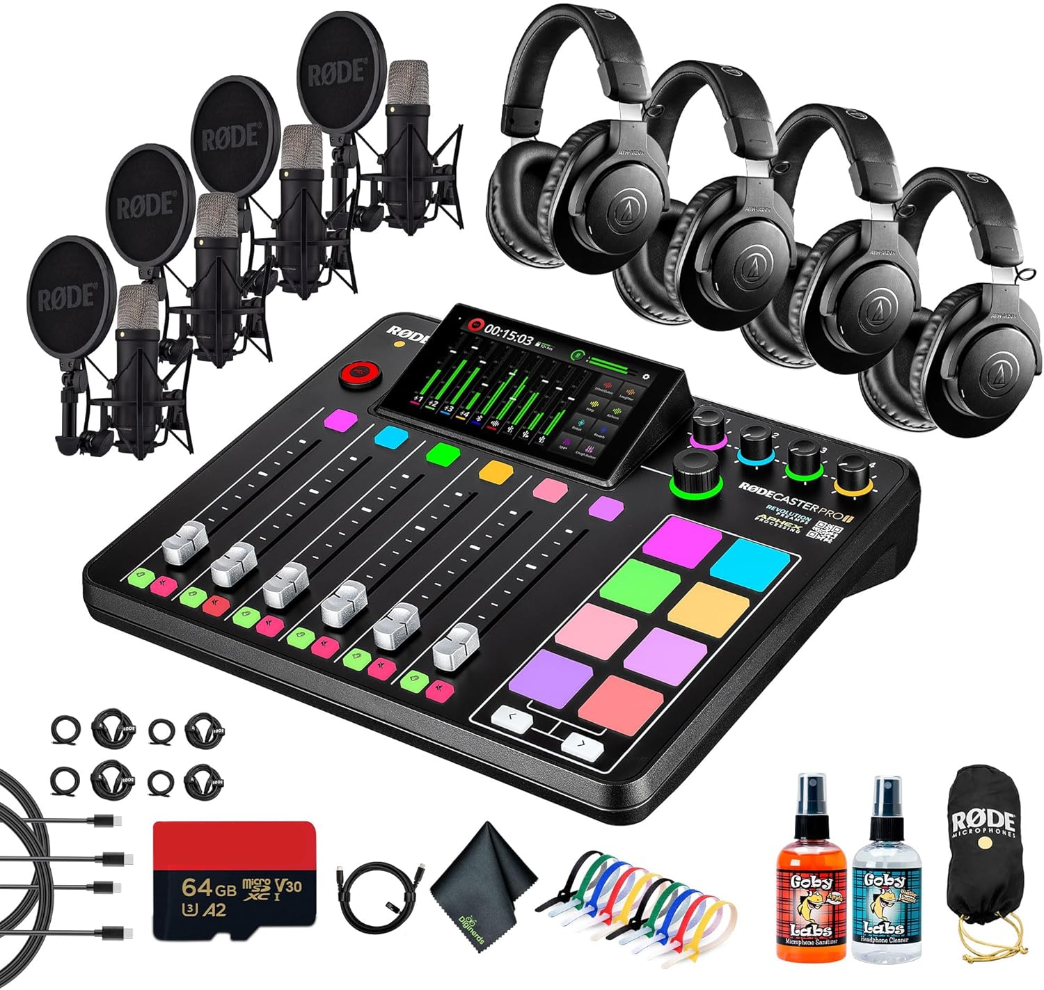 RODE RODECaster Pro II + 4x Studio Headphones + 4x RODE NT1 5th Gen Podcast Microphone + 64GB Micro SD Memory Card + Cable Ties + Sanitizer Spray + More (Bundle)