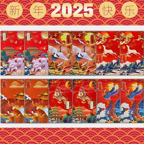 Vista 7 de 12 sobres rojos con elementos chinos, tarjetas de agradecimiento, sobres de efectivo, sobres de regalo de dinero de la suerte, paquete rojo