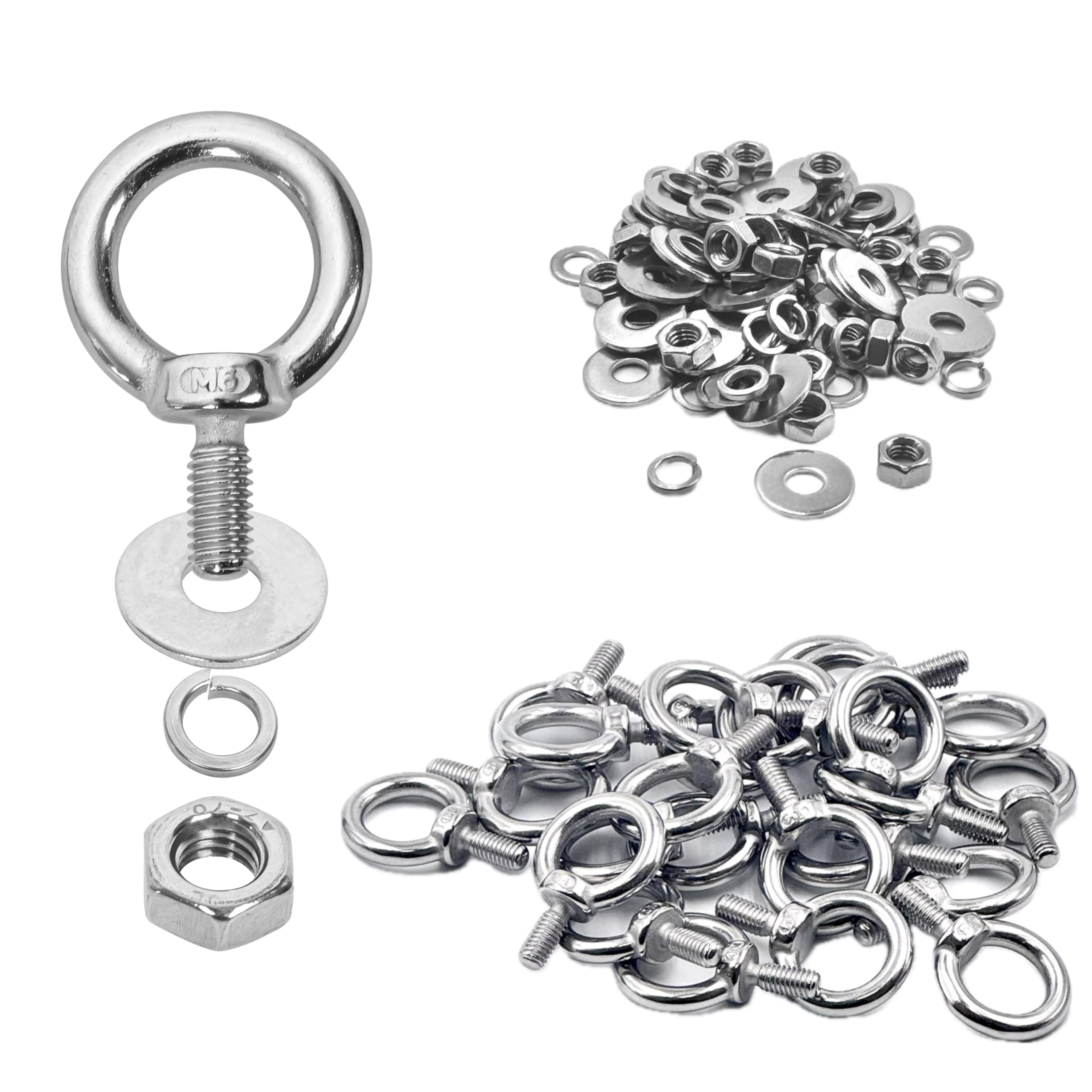 SRZTXU 24 Pack M6 Stainless Steel Eye Bolts with Nuts Washers, 0.55"（14mm） Thread Length - Eyebolts for DIY, Furniture, Swing, and Outdoor Use (24, M6