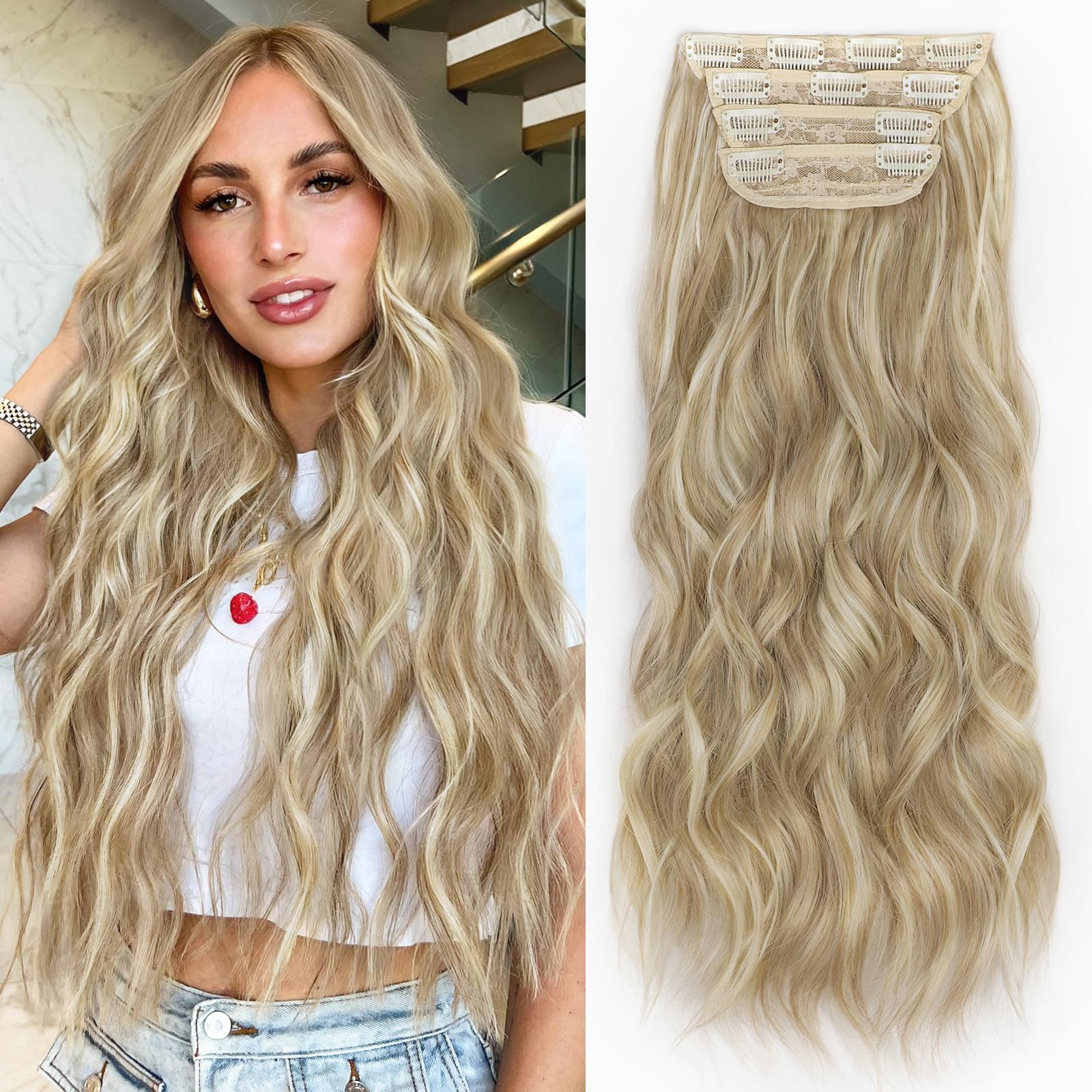 ALXNAN Clip in Long Wavy Synthetic Hair Extension 24 Inch Beach Blonde 4PCS Thick Hairpieces Fiber Double Weft Hair for Women