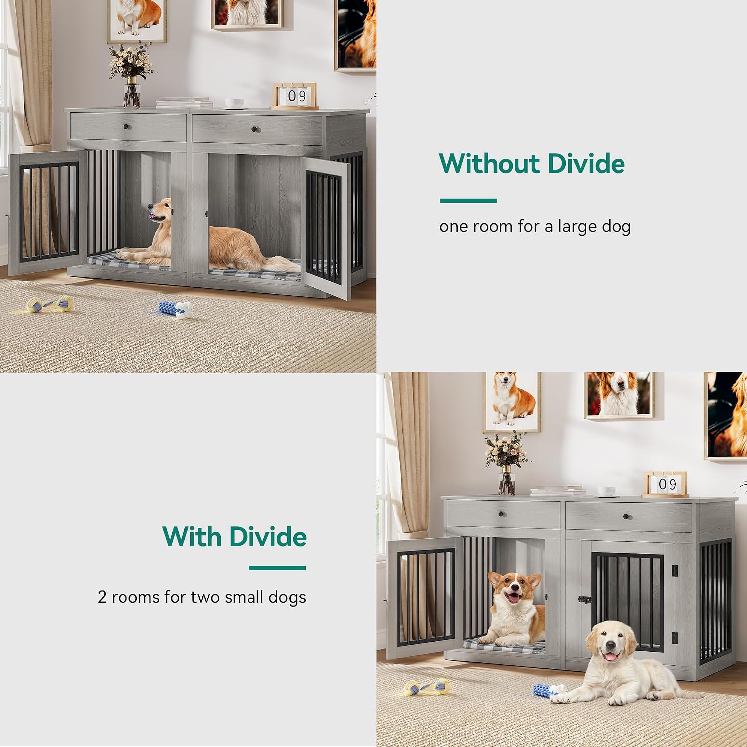 DWVO 60 Inch Double Dog Crate Furniture for 2 Dogs, Heavy Duty Wooden Dog Crate TV Stand with Removable Divider & Storage Drawers, Dogs Kennel Indoor Furniture Double Sliding Barn Door, Grey