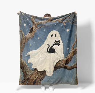 Halloween Ghost Blanket Horror Spooky Bed Warm Plush Flannel Throw Blankets Super Soft Fleece Cozy Fuzzy Black Cat Stuffed Blanket for Kids Teens Adults Room Decor 40"X50"