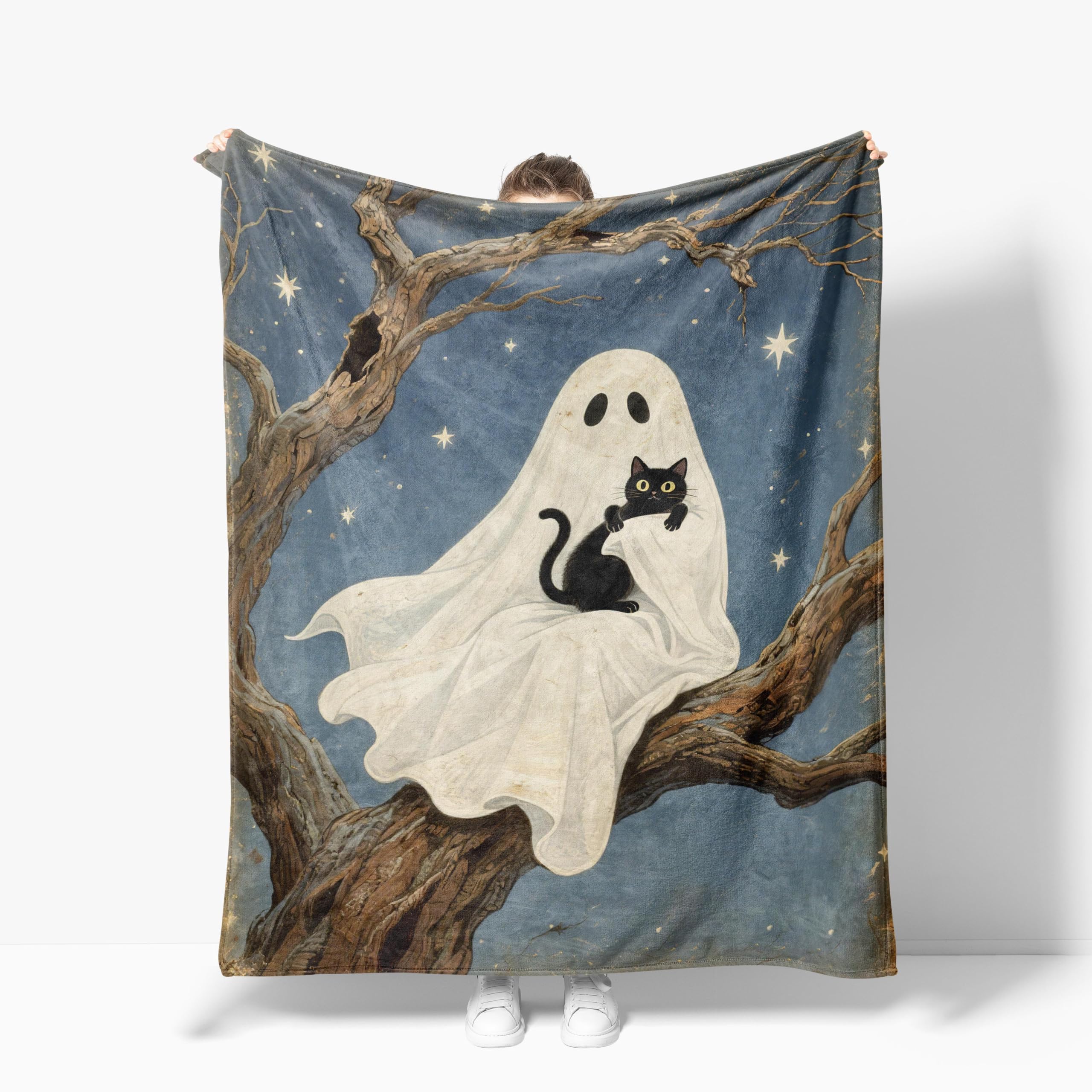 Halloween Ghost Blanket Horror Spooky Bed Warm Plush Flannel Throw Blankets Super Soft Fleece Cozy Fuzzy Black Cat Stuffed Blanket for Kids Teens Adults Room Decor 40"X50"