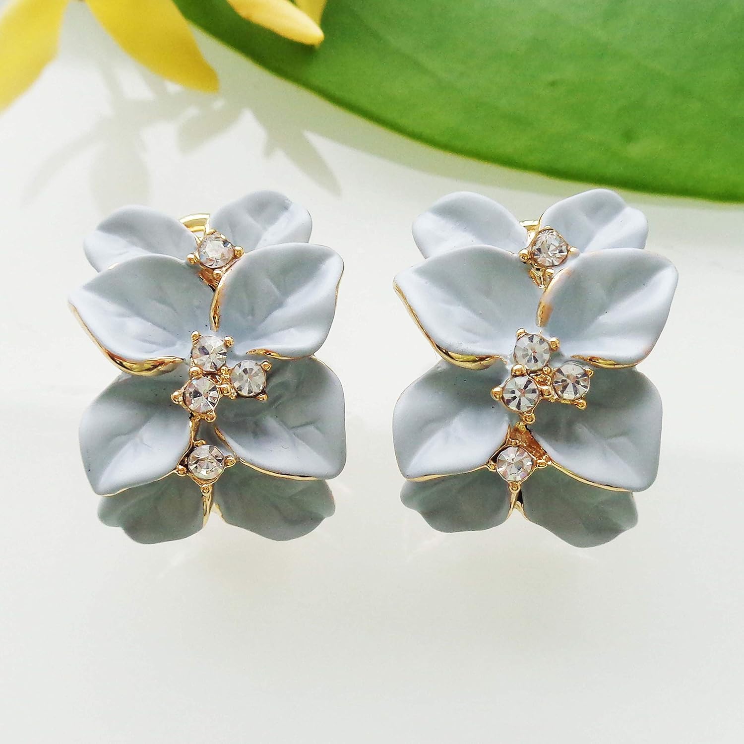 Navachi 18k Gold Plated White Crystal colorful Enamel Leaves Flower Omega Back Earrings - Image 5