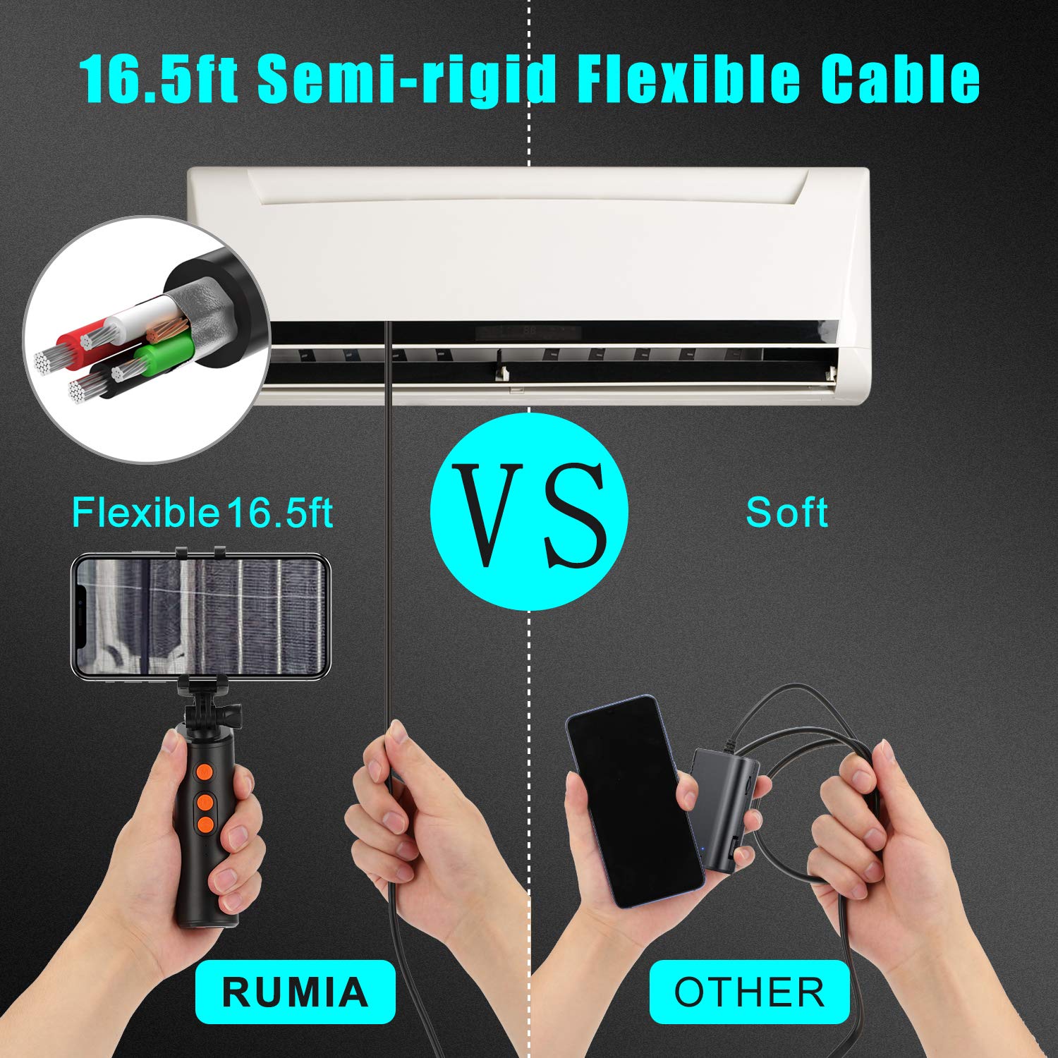Hot Deals RUMIA Dual-Lens Industrial Endoscope, 2MP HD WiFi IP68 Waterproof Semi-Rigid Digital Sewer Borescope Inspection Camera with 2600mAh Battery & 6 Adjustable LED Lights for Android and iPhone - 16.5FT