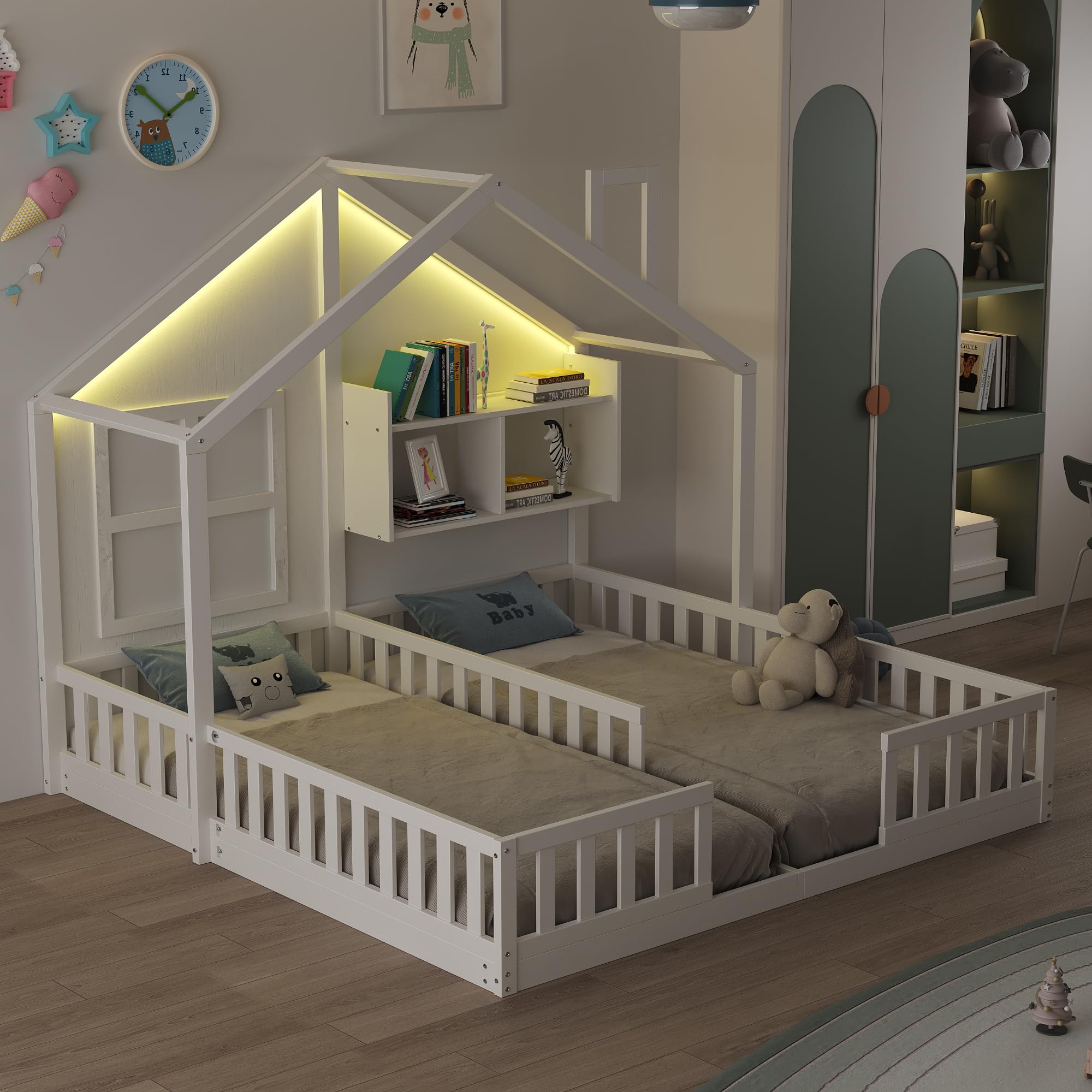 Lettino per Bambini 90×200 cm, Letto Matrimoniale Indipendente in Stile Casa, Funzione Atmosferica, Recinzione di Sicurezza e Superfici di Appoggio, Legno + MDF, Completo di Rete a Doghe per