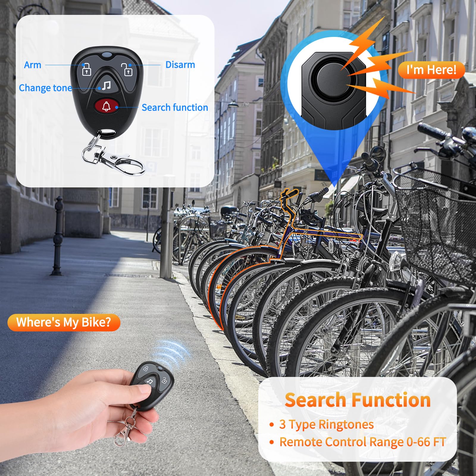 WSDCAM Kabelloser Fahrradalarm mit Fernbedienung, wiederaufladbar, 113 dB laute Fahrradalarmanlage, Diebstahlschutz, IP65 wasserdicht, Fahrradalarme für E-Bikes, Motorräder, Roller, Outdoor-Fahren und