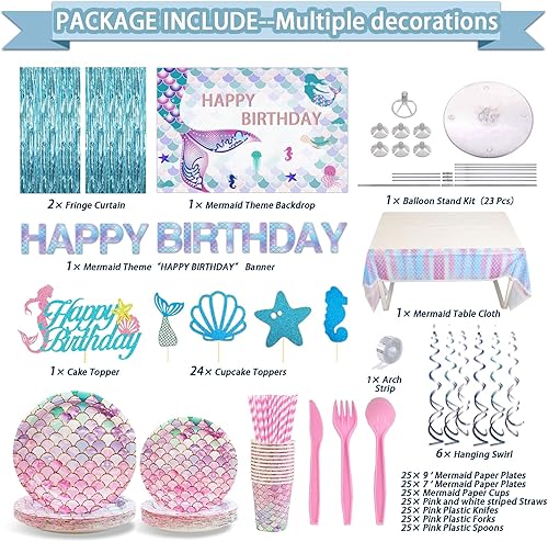 Miniatura 2 de Juego de 299 piezas de decoración de cumpleaños de sirena, juego de vajilla desechable con 25 invitados, telón de fondo, globo, pancarta, mantel,
