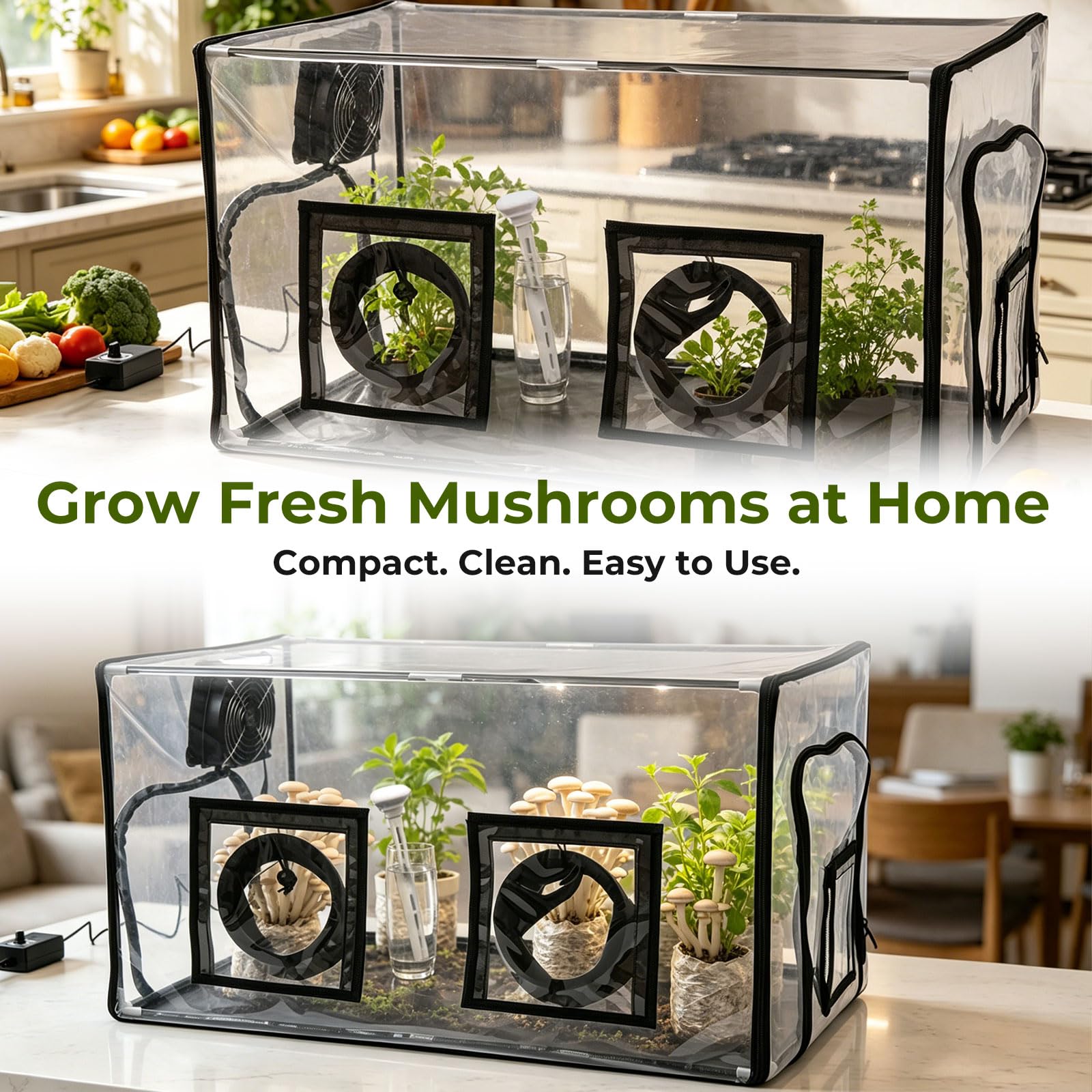 Kit de tienda de cultivo de hongos premium con humidificador y ventilador, invernadero interior de escritorio con flujo de aire filtrado, ventana ultra transparente sin arrugas para