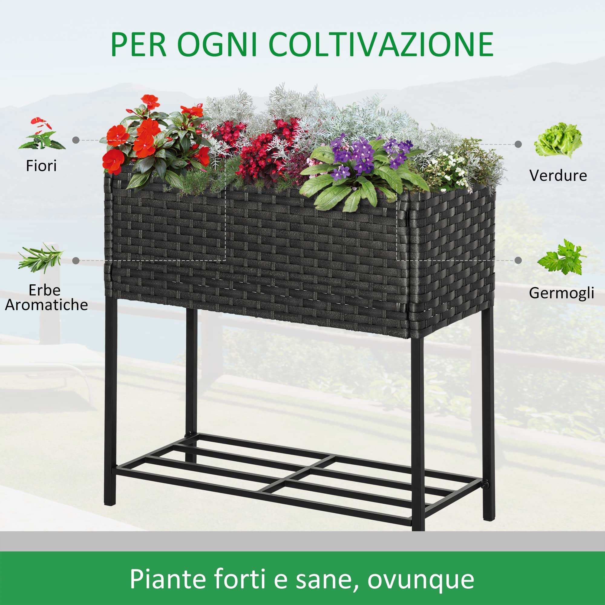 Outsunny Letto per Orto Rialzato, Fioriera Effetto Vimini con Ripiano, Aiuola Rialazata per Esterni e Interni, Grigio (70cm x 30cm x 72cm)