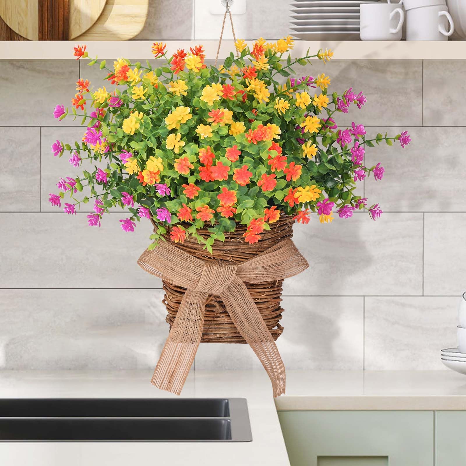 Dolicer Ghirlanda da appendere alla porta, da appendere, con fiori di bosso, bella ghirlanda artificiale primaverile ed estiva per porta d'ingresso, per casa, veranda, cortile, fattoria, decorazione