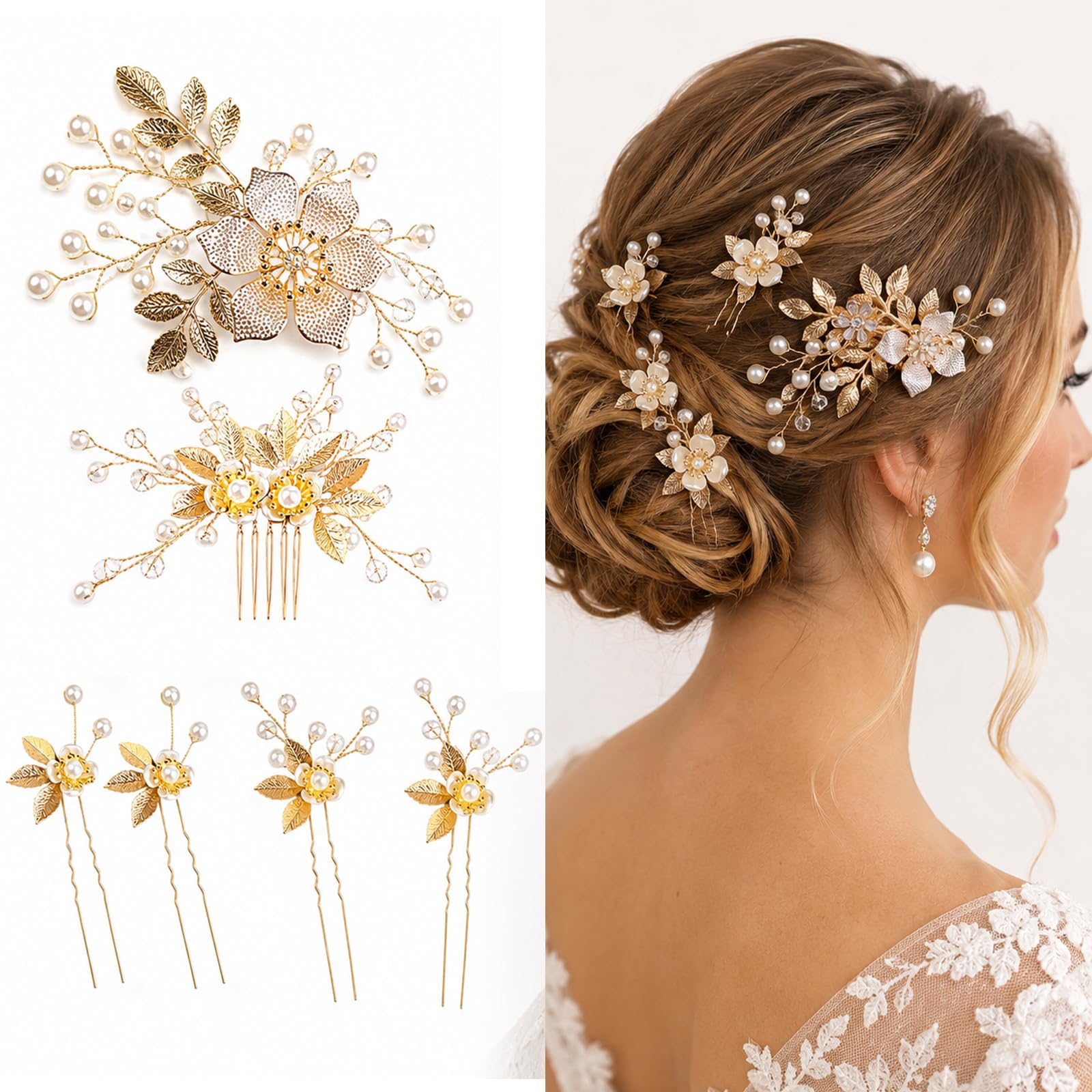 6 forcine per capelli da sposa, accessori per capelli da sposa, set di pettini per capelli con perle, oro