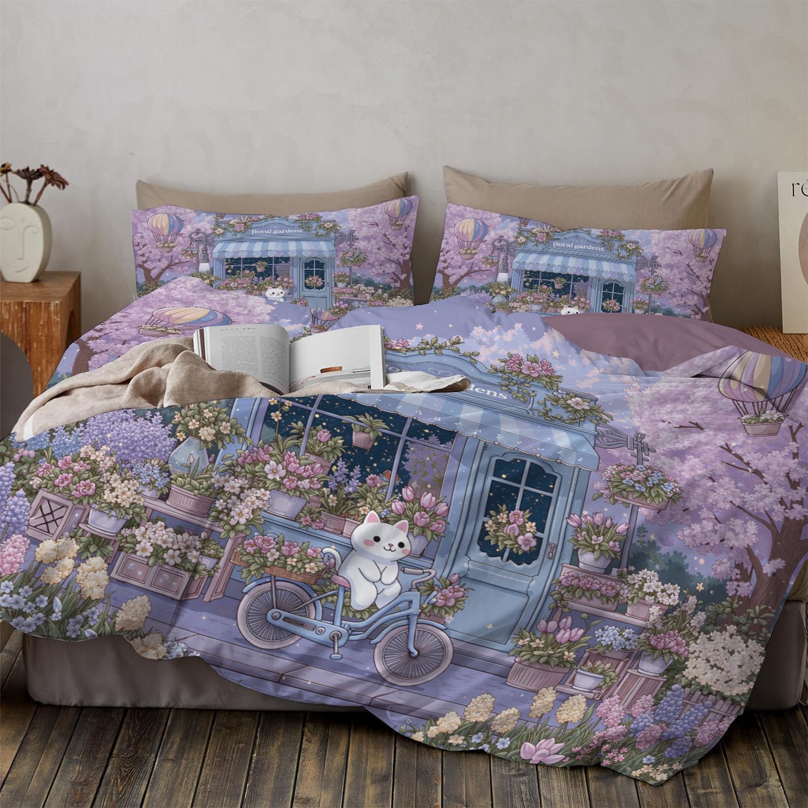 Housse de couette 200x200cm fleurs japonaises et chat violet aux finitions soignées