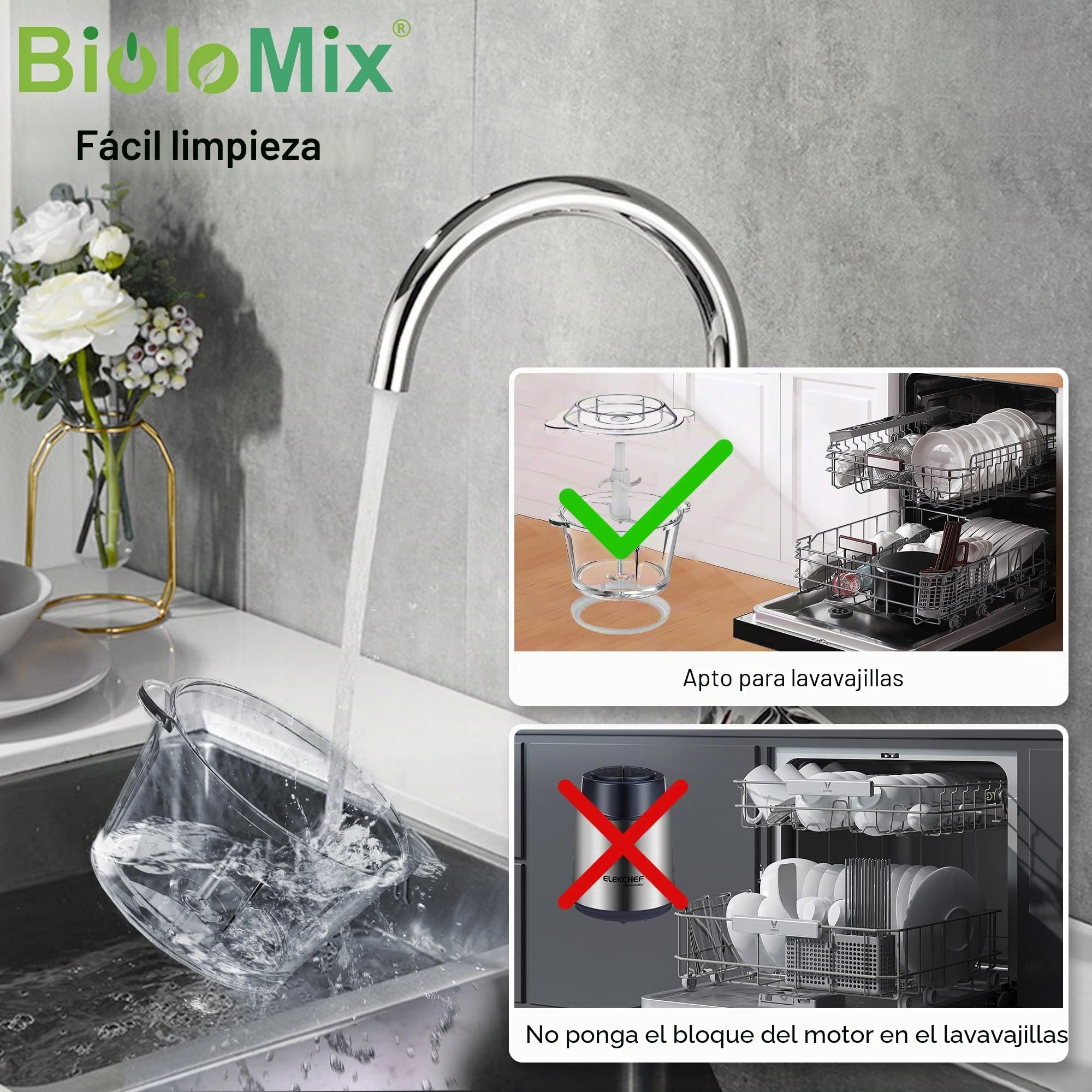 Biolomix Trituradora multi de 500 W, potente motor, recipiente de cristal de 2 litros, cuchillo especial de 4 hojas de acero inoxidable (P6001)